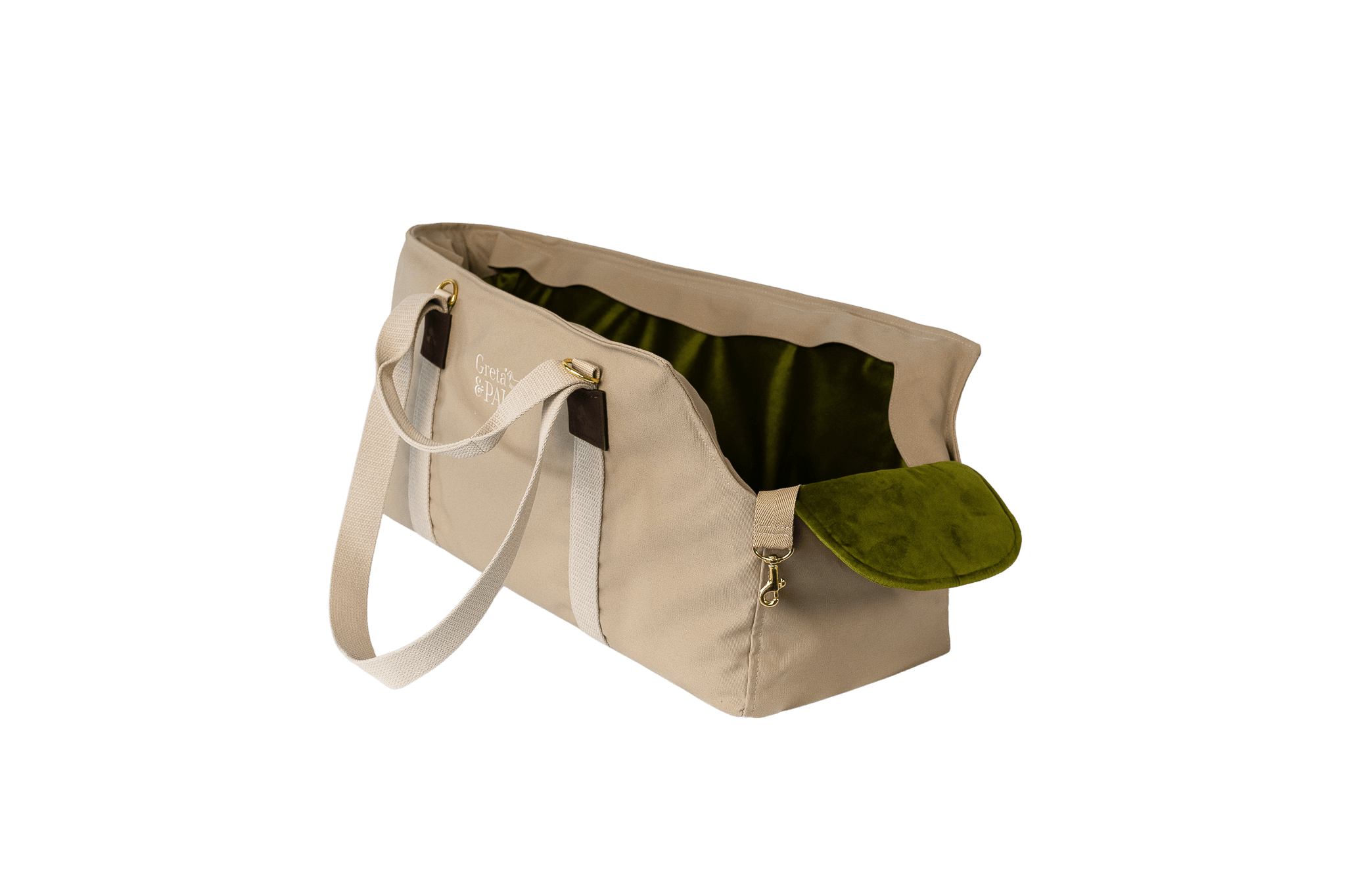 Gretas XL-Hundetasche aus der Sommer-Kollektion in Beige mit olivgrünem Samt-Inlay, ohne Netz