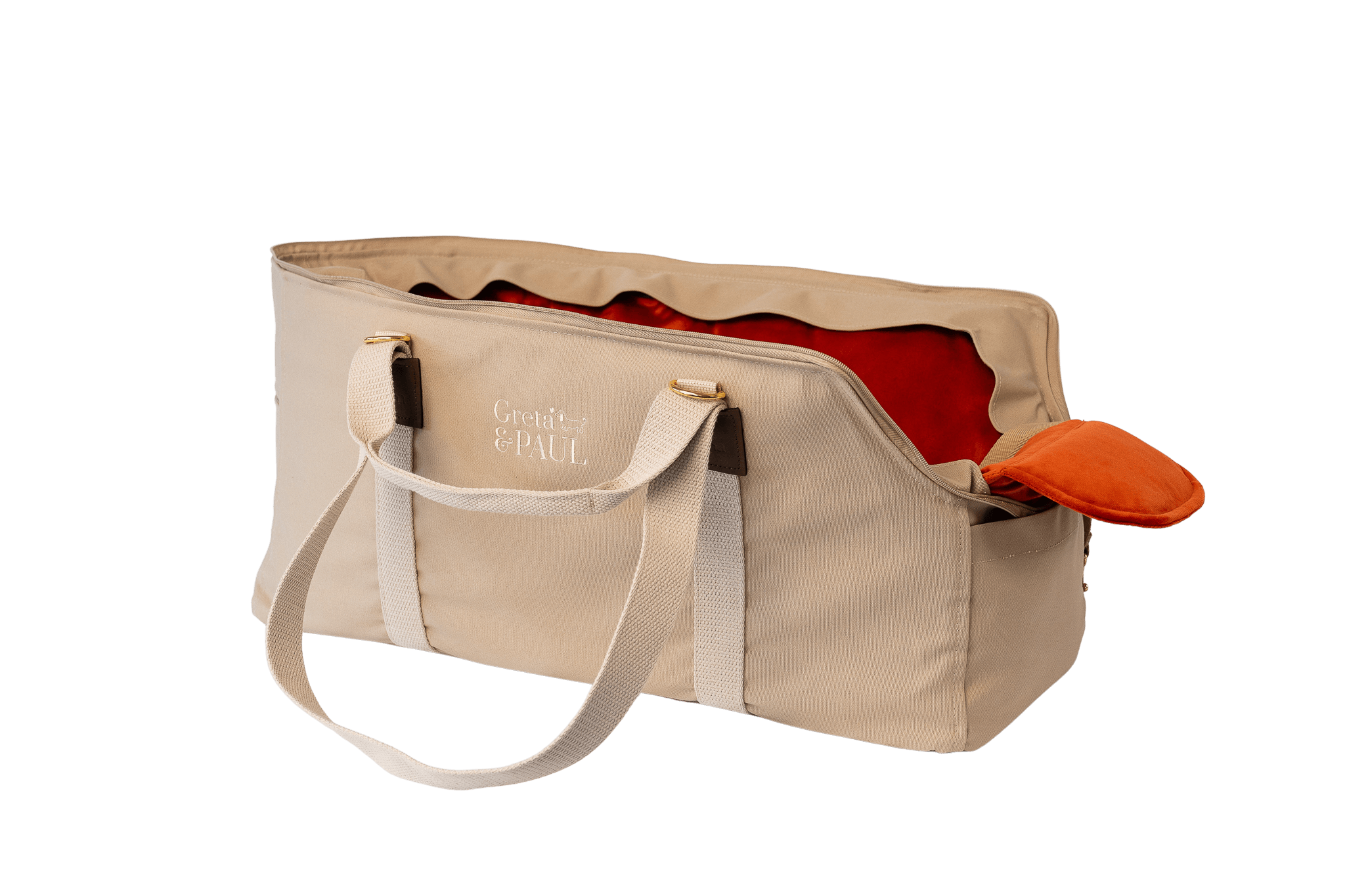 Greta's XL-Hundetasche aus der Sommer-Kollektion in Beige mit orangefarbenem Samt-Inlay, Ansicht mit offenem Netz
