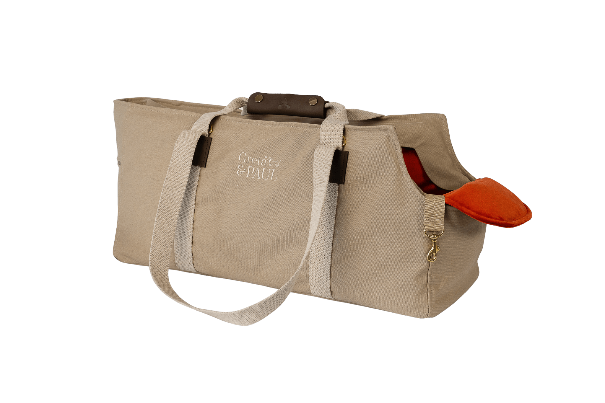 Gretas XL-Hundetasche aus der Sommer-Kollektion in Beige mit orangefarbenem Samt-Inlay, Trageansicht, ohne Netz