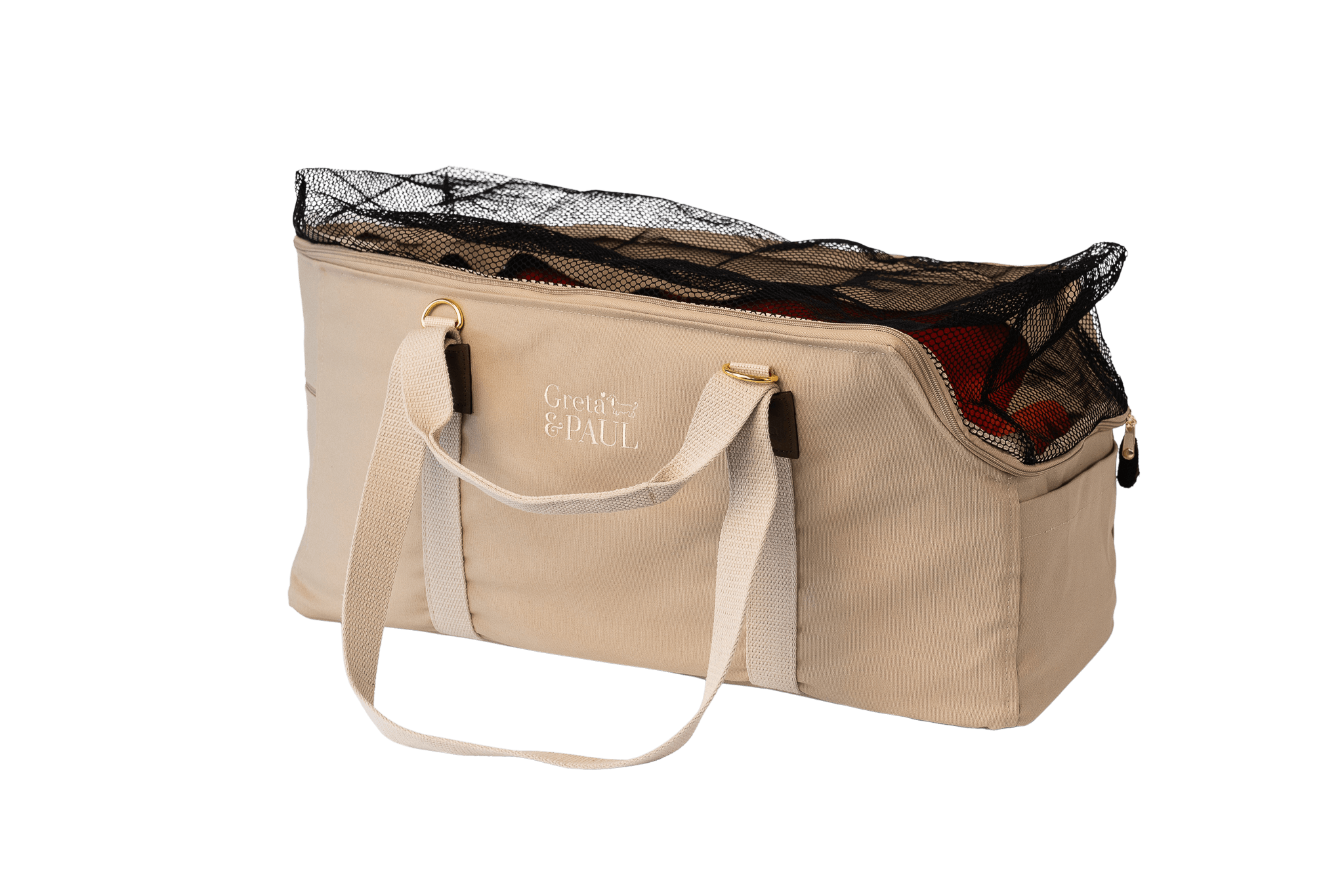 Greta's XL-Hundetasche aus der Sommer-Kollektion in Beige mit orangefarbenem Samt-Inlay, Ansicht mit geschlossenem Netz
