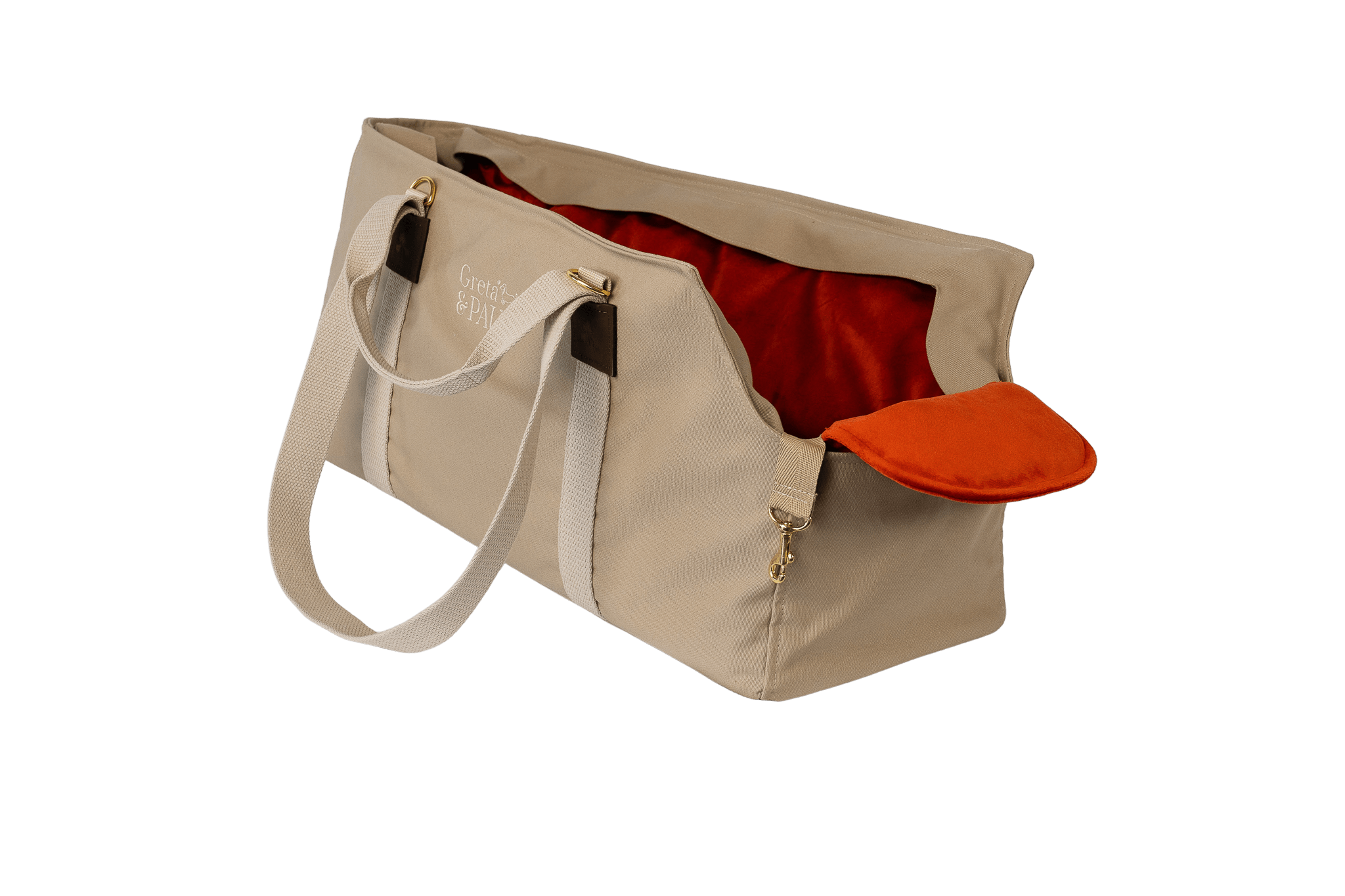 Gretas XL-Hundetasche aus der Sommer-Kollektion in Beige mit orangefarbenem Samt-Inlay, ohne Netz