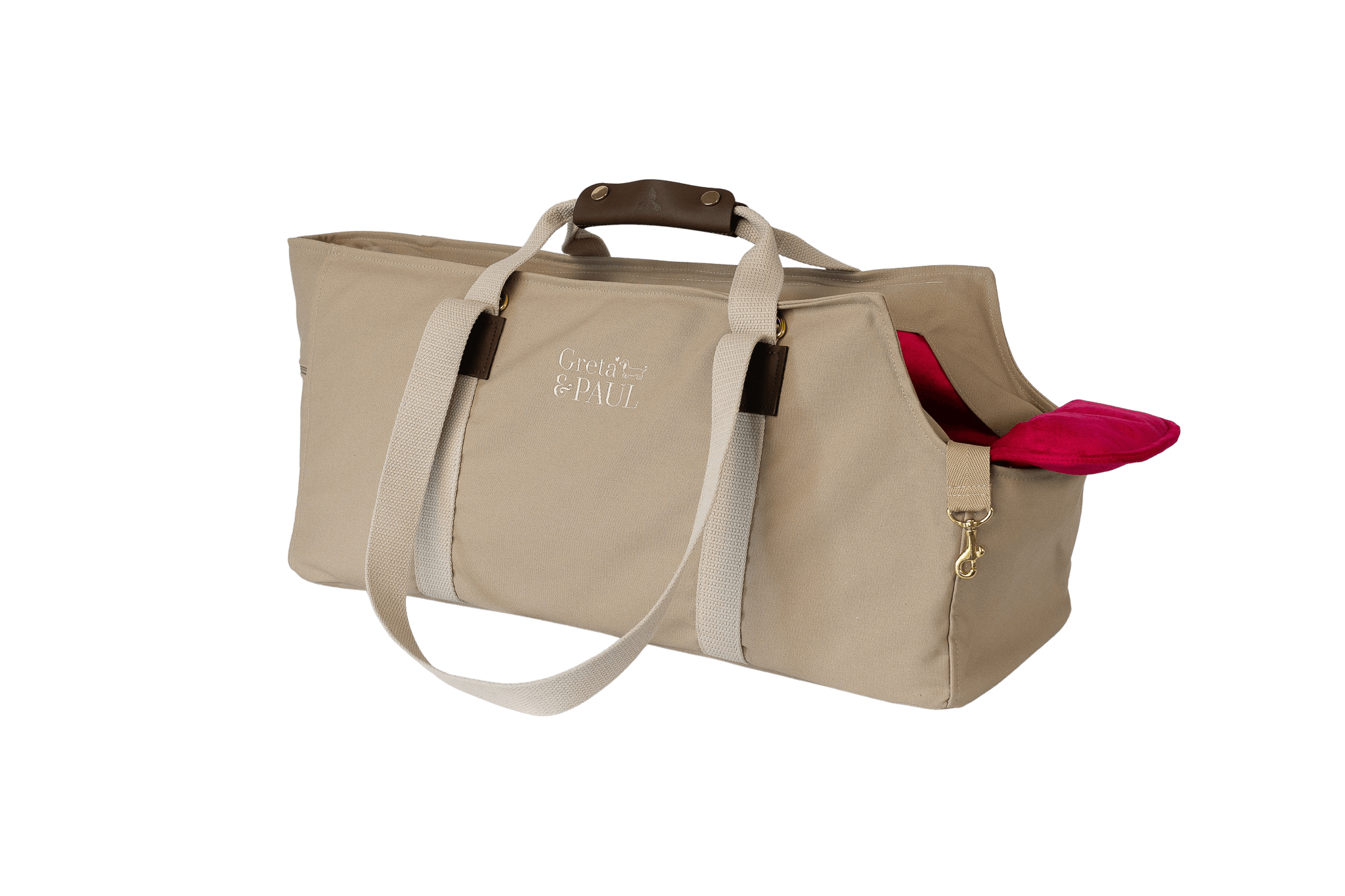 Gretas XL-Hundetasche aus der Sommer-Kollektion in Beige mit pinkem Samt-Inlay, Trageansicht, ohne Netz