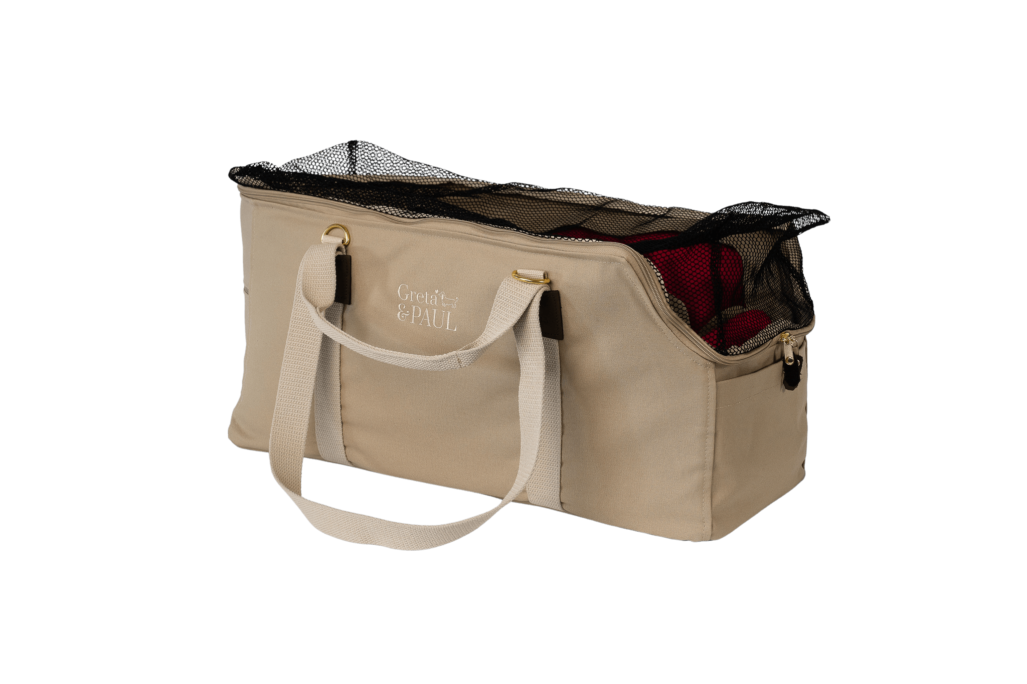 Greta's XL-Hundetasche aus der Sommer-Kollektion in Beige mit pinkem Samt-Inlay, Ansicht mit geschlossenem Netz
