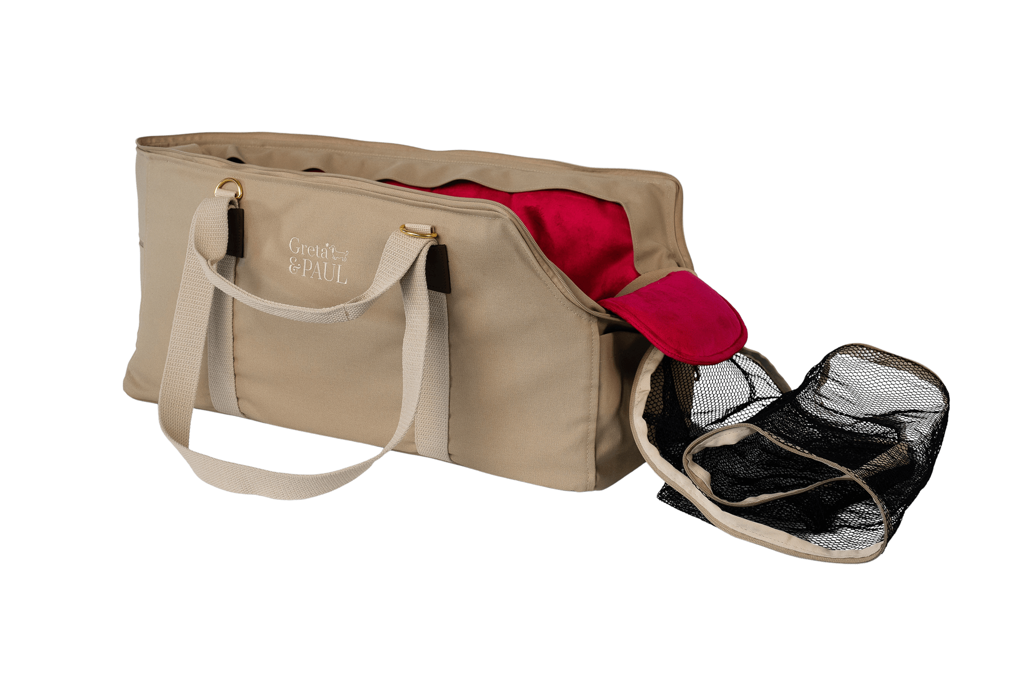 Greta's XL-Hundetasche aus der Sommer-Kollektion in Beige mit pinkem Samt-Inlay, Ansicht mit offenem Netz
