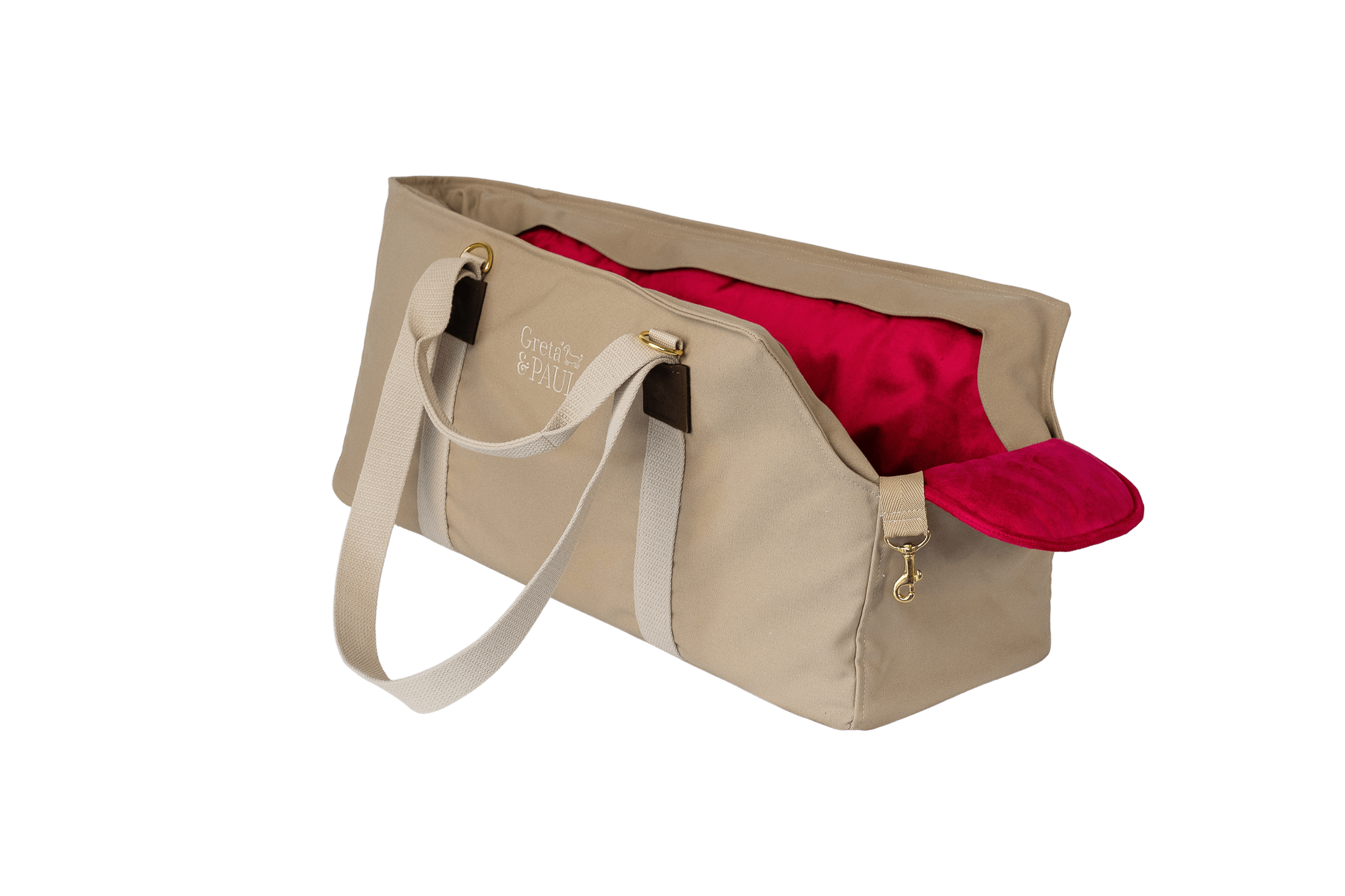 Gretas XL-Hundetasche aus der Sommer-Kollektion in Beige mit pinkem Samt-Inlay, ohne Netz