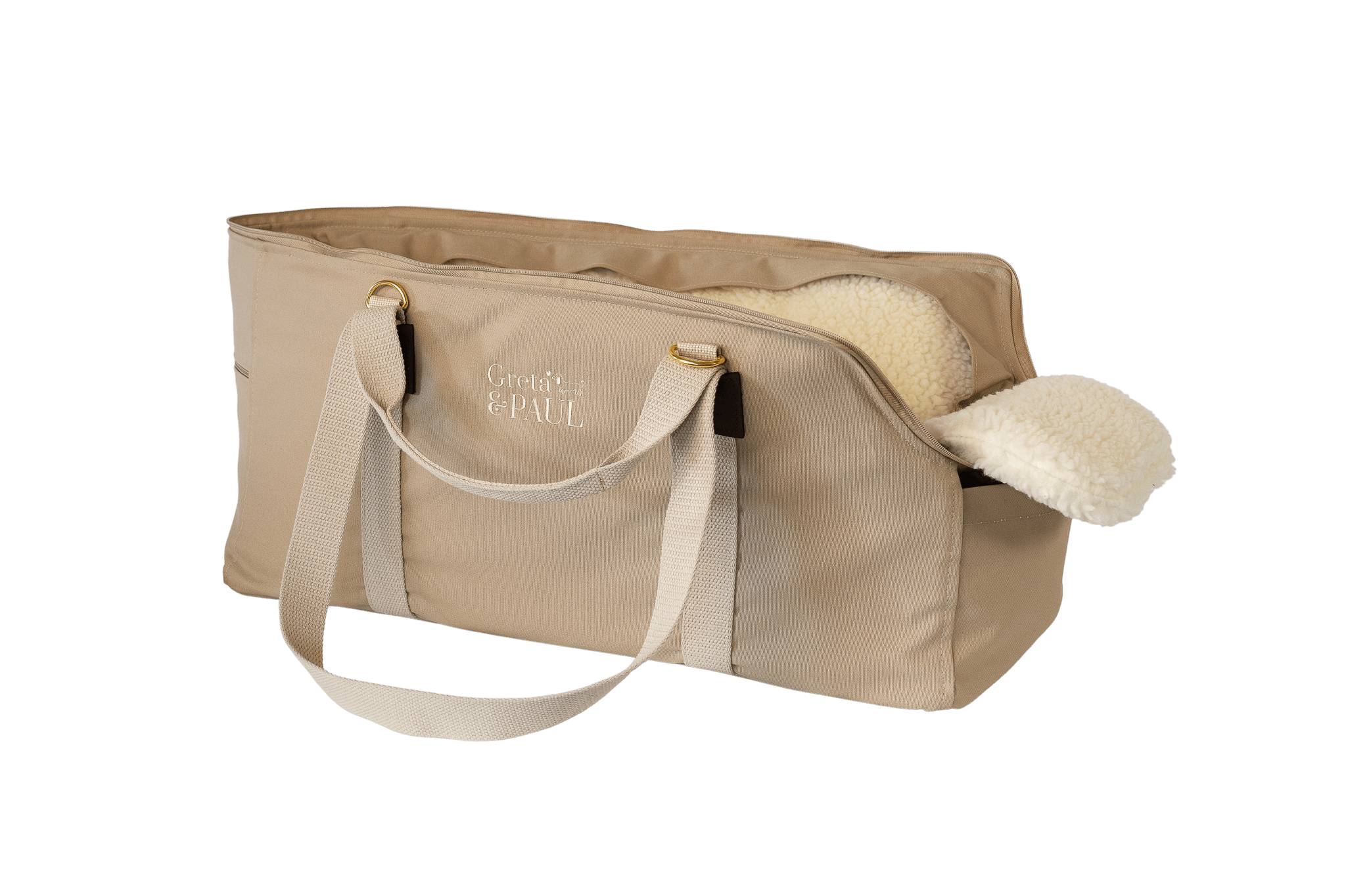 Gretas XL-Hundetasche aus der Sommer-Kollektion in Beige mit Teddyfell-Inlay, Ansicht mit verstautem Netz