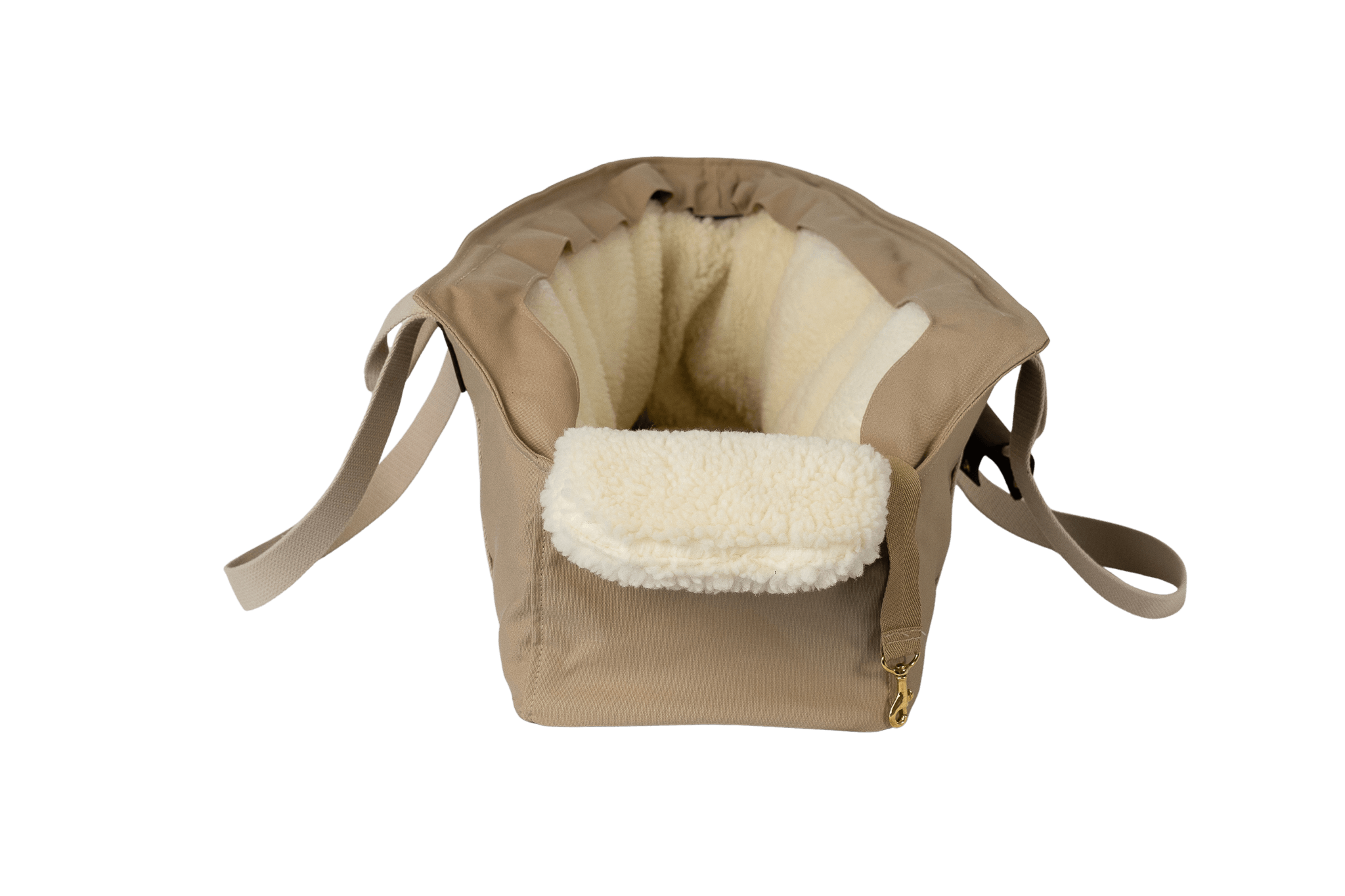Gretas XL-Hundetasche aus der Sommer-Kollektion in Beige mit Teddyfell-Inlay, Vorderansicht, ohne Netz