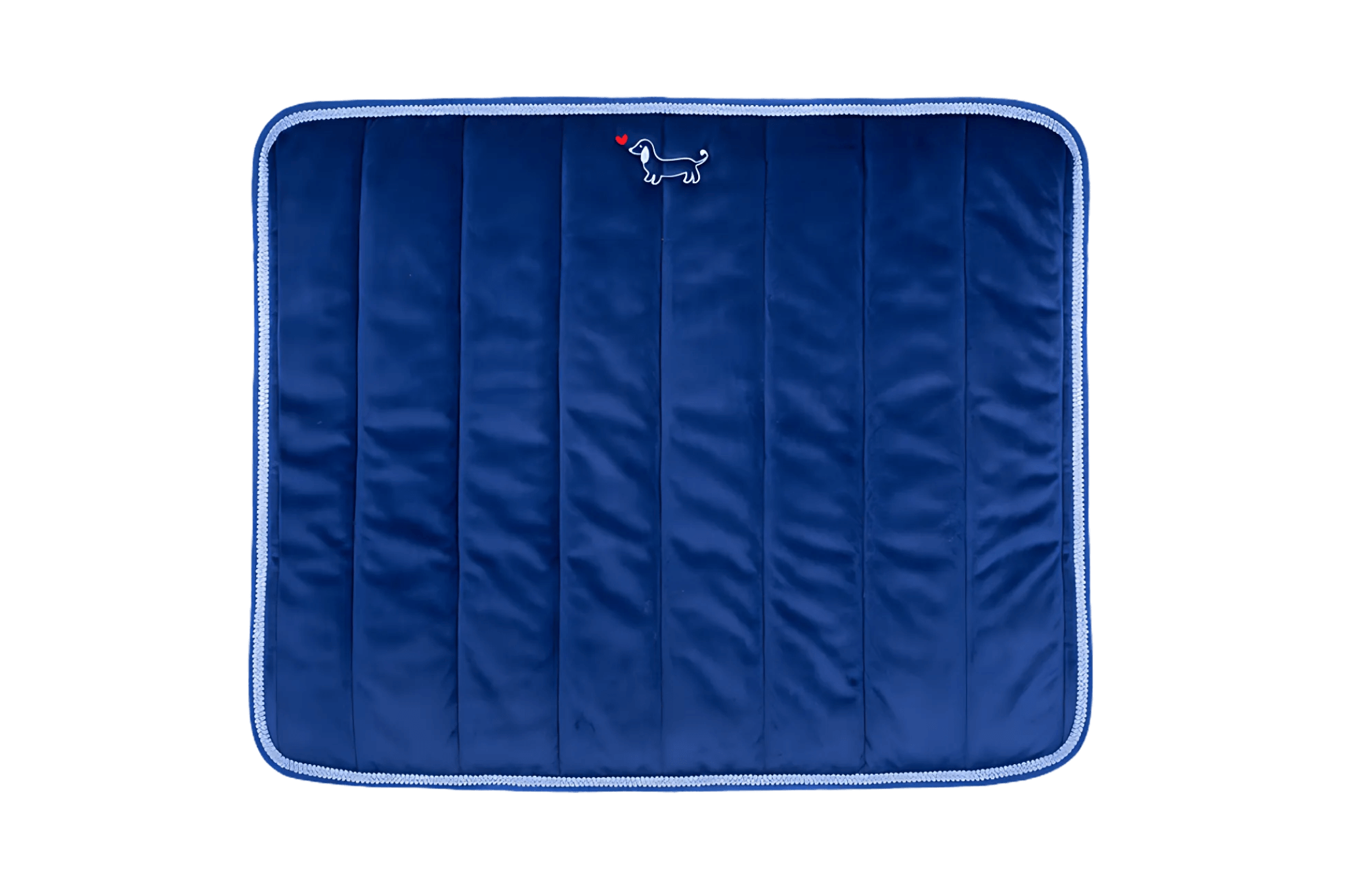 Gepolstertes Hundepad 'Greta' in Dunkelblau mit blau-weißer Borte und Dackel-Logo, Größe L