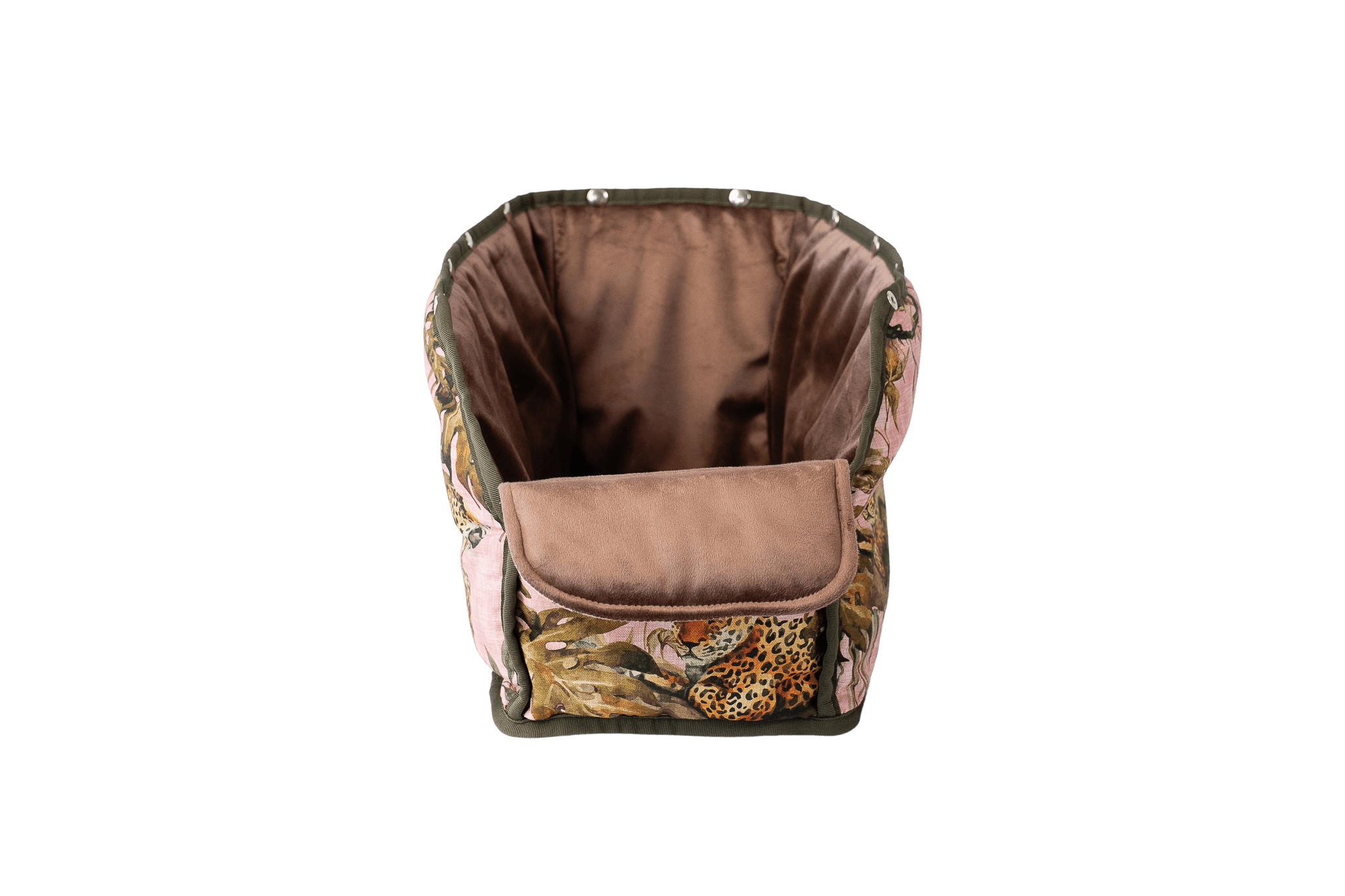 Wechselbares Samt-Inlay in Pink-Leo-Muster für Gretas Premium-Hundetasche, gewendet, weich gepolstert und pflegeleicht.