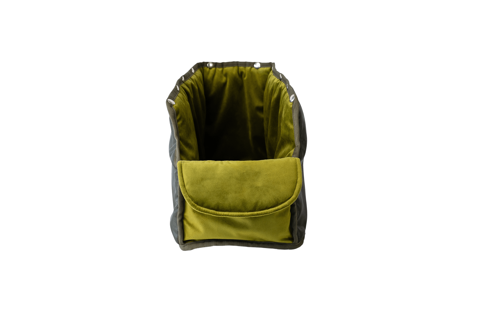 Wechselbares Samt-Inlay in Olivgrün für Greta's Premium-Hundetasche, einfach ausknöpfbar und pflegeleicht.
