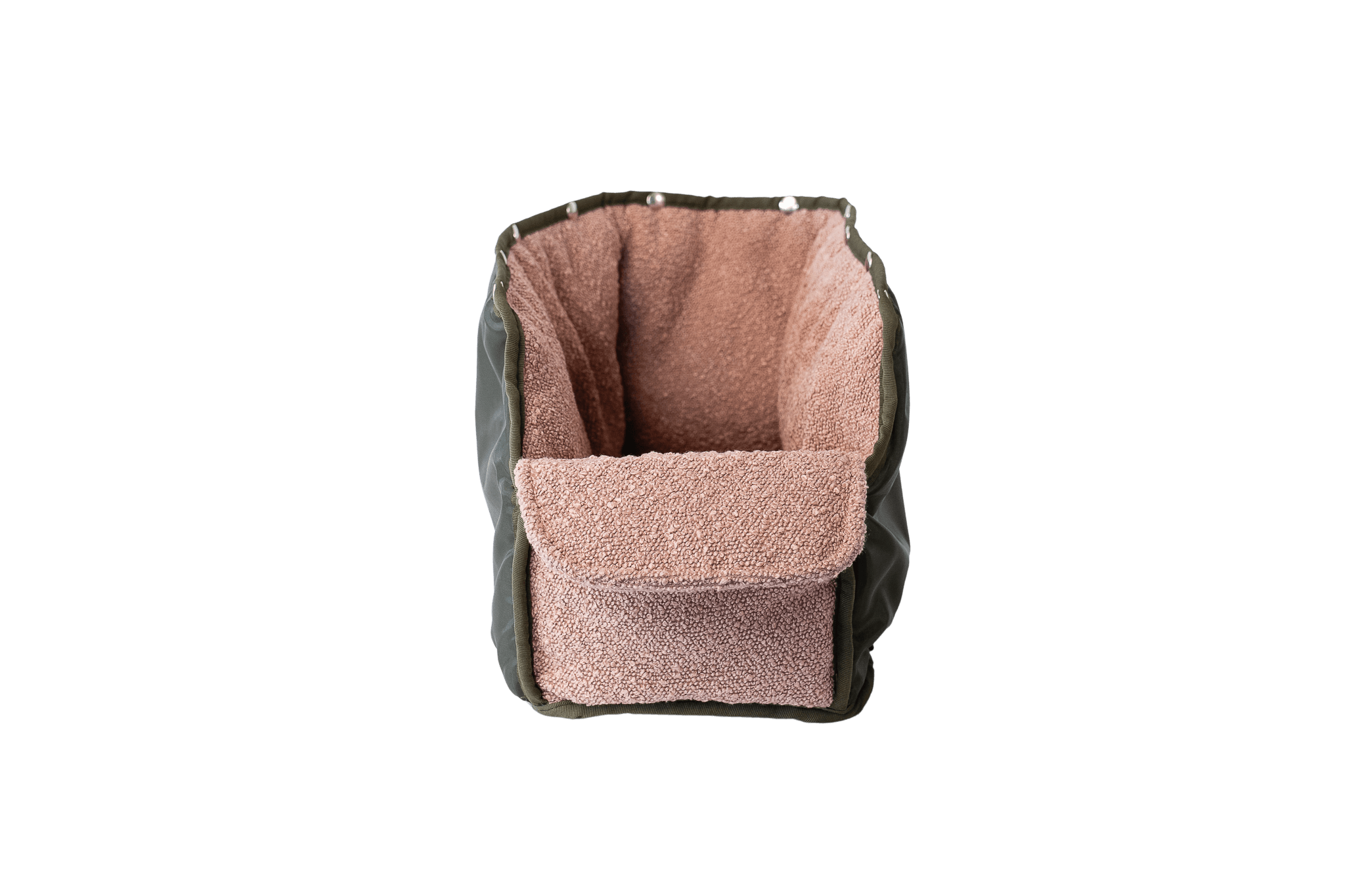 Kuscheliges Bouclé-Inlay in Rosa für Greta's Premium-Hundetasche, Frontansicht.
