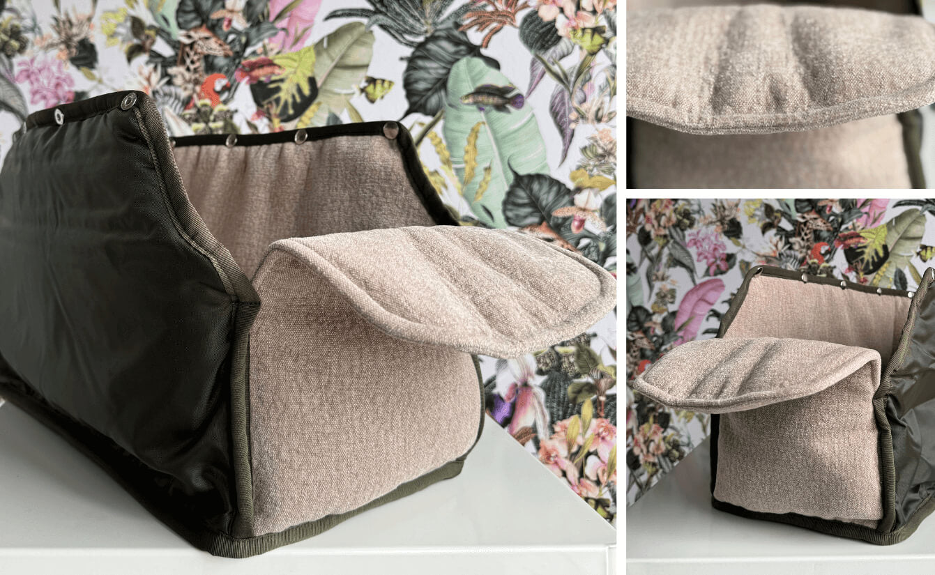 Bildcollage des Greta & PAUL Leinen-Inlays für die Hundetasche in Hellbeige aus verschiedenen Perspektiven.
