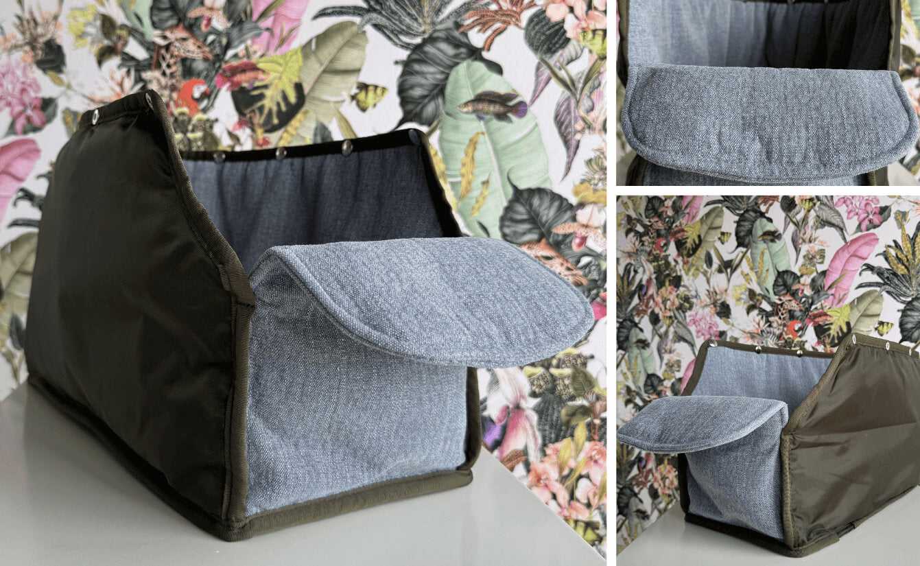 Bildcollage des Greta & PAUL Leinen-Inlays für die Hundetasche in Hellblau aus verschiedenen Perspektiven.
