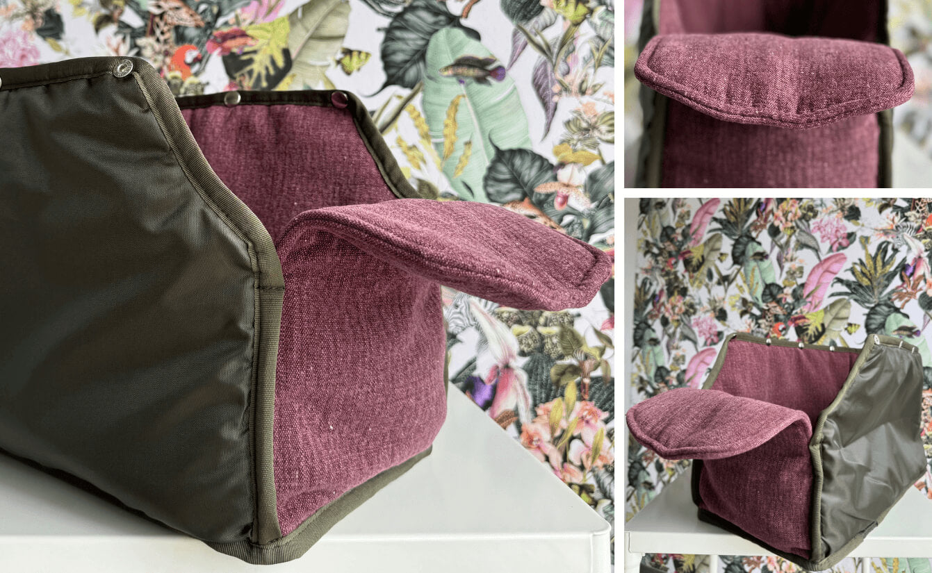 Bildcollage des Greta & PAUL Leinen-Inlays für die Hundetasche in Lila aus verschiedenen Perspektiven.
