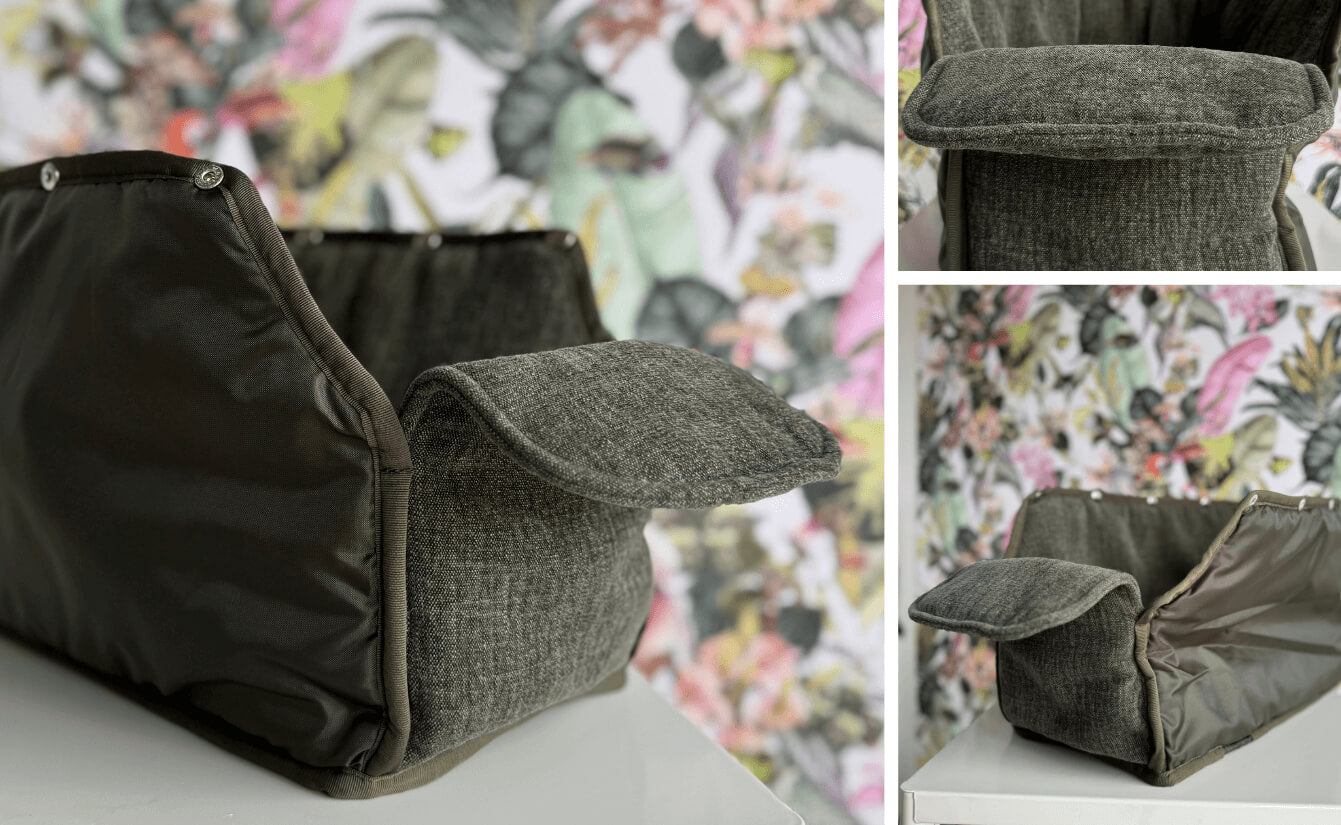 Bildcollage des Greta & PAUL Leinen-Inlays für die Hundetasche in Olivgrün aus verschiedenen Perspektiven.
