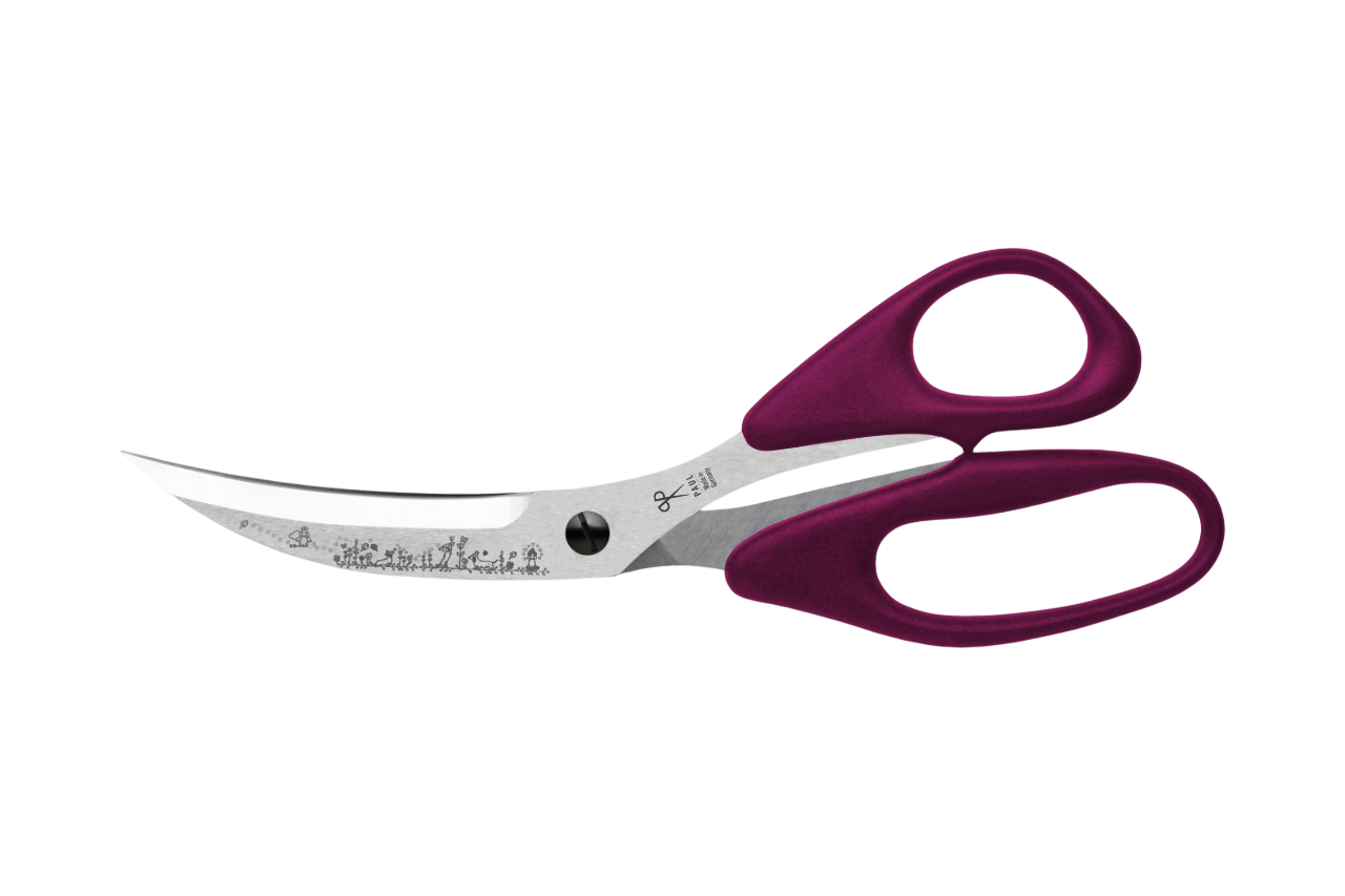 PAUL Pizzaschere 'Märchenwald' in Dunkellila mit Dackel-Gravur und gebogenen Klingen für den perfekten Pizzaschnitt.
