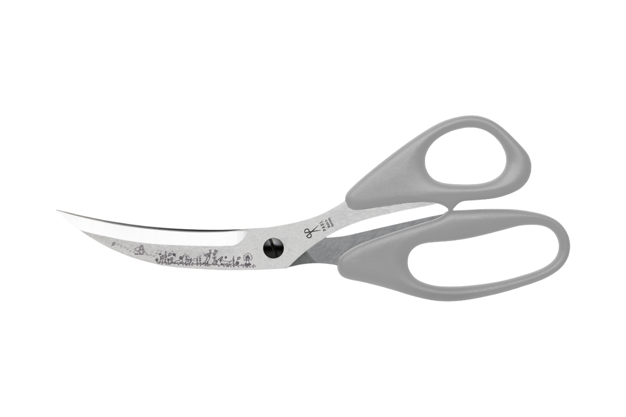 PAUL Pizzaschere 'Märchenwald' in Grau mit Dackel-Gravur und gebogenen Klingen für den perfekten Pizzaschnitt.
