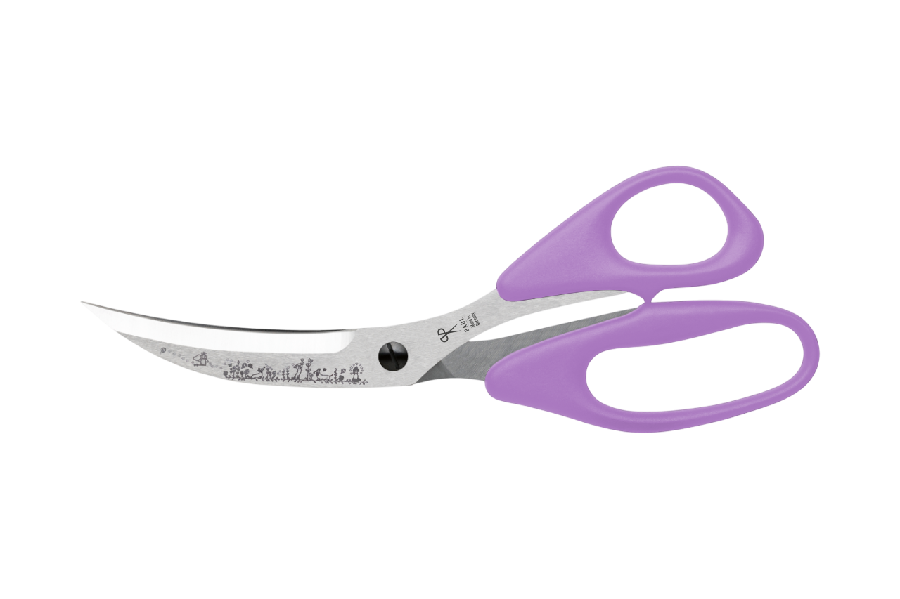 PAUL Pizzaschere 'Märchenwald' in Helllila mit Dackel-Gravur und gebogenen Klingen für den perfekten Pizzaschnitt.
