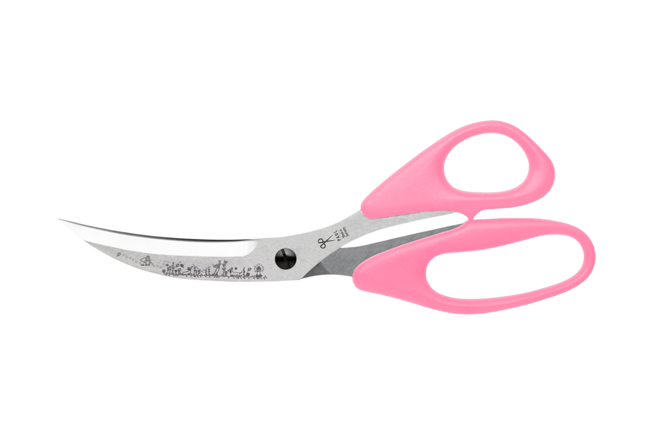 PAUL Pizzaschere 'Märchenwald' in Rosa mit Dackel-Gravur und gebogenen Klingen für den perfekten Pizzaschnitt.
