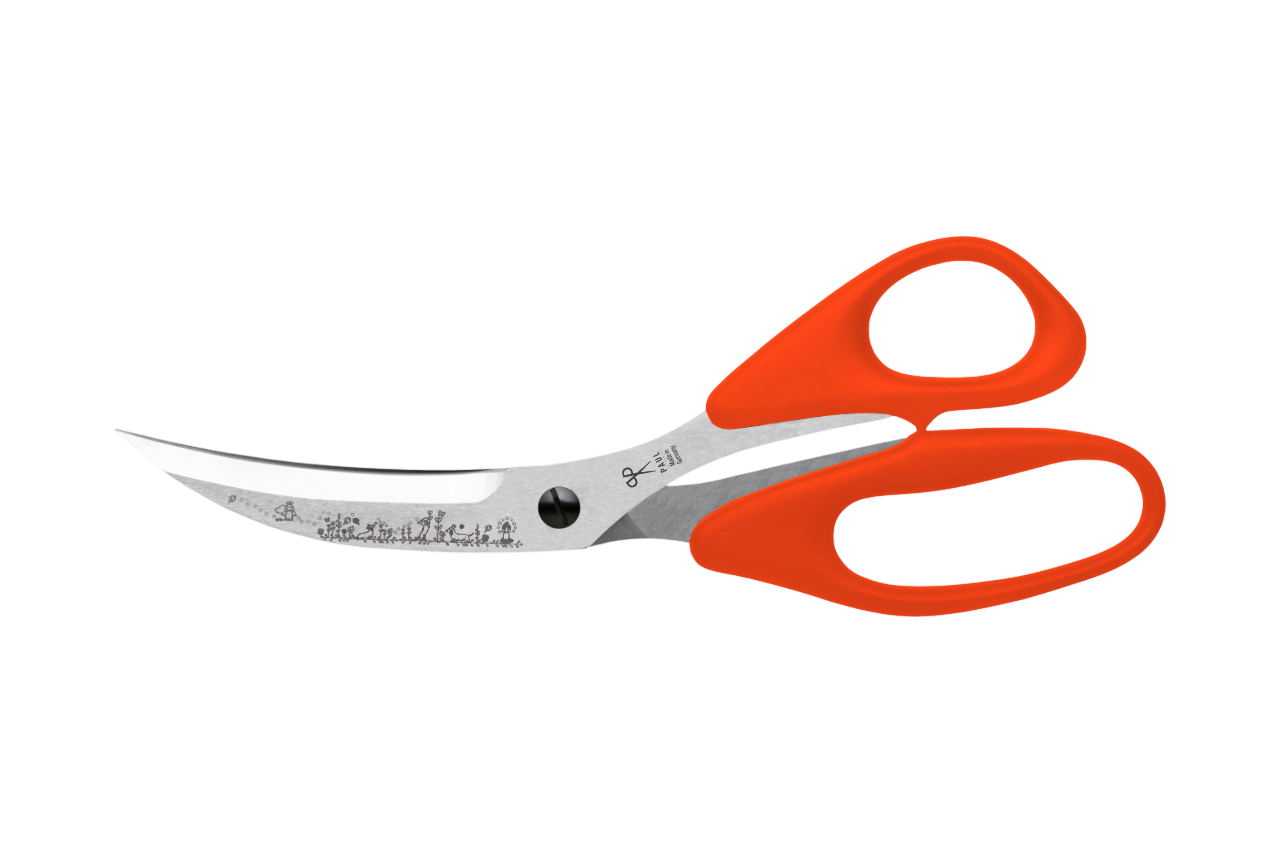 PAUL Pizzaschere 'Märchenwald' in Orange mit Dackel-Gravur und gebogenen Klingen für den perfekten Pizzaschnitt.
