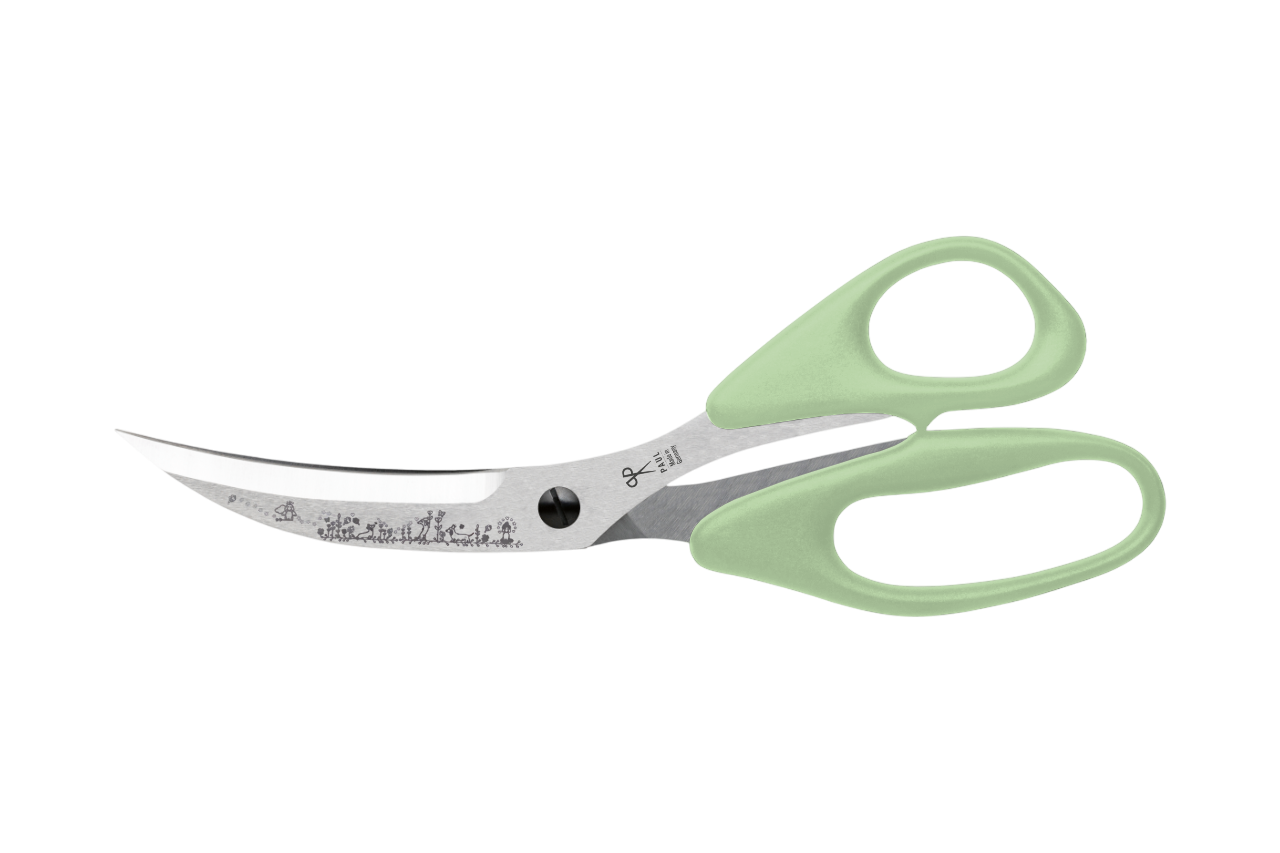 PAUL Pizzaschere 'Märchenwald' in Salbei-Lindgrün mit Dackel-Gravur und gebogenen Klingen für den perfekten Pizzaschnitt.
