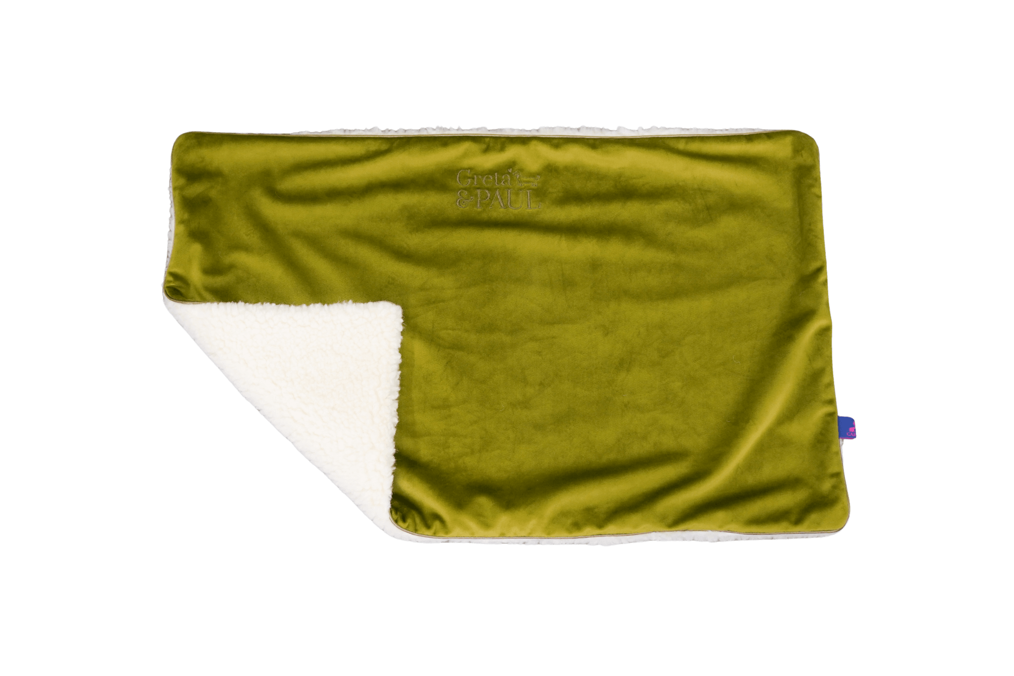 Premium-Hundedecke von Greta & PAUL in Olivgrün, die umgeschlagene Ecke zeigt das kuschelige, weiße Teddyfutter.
