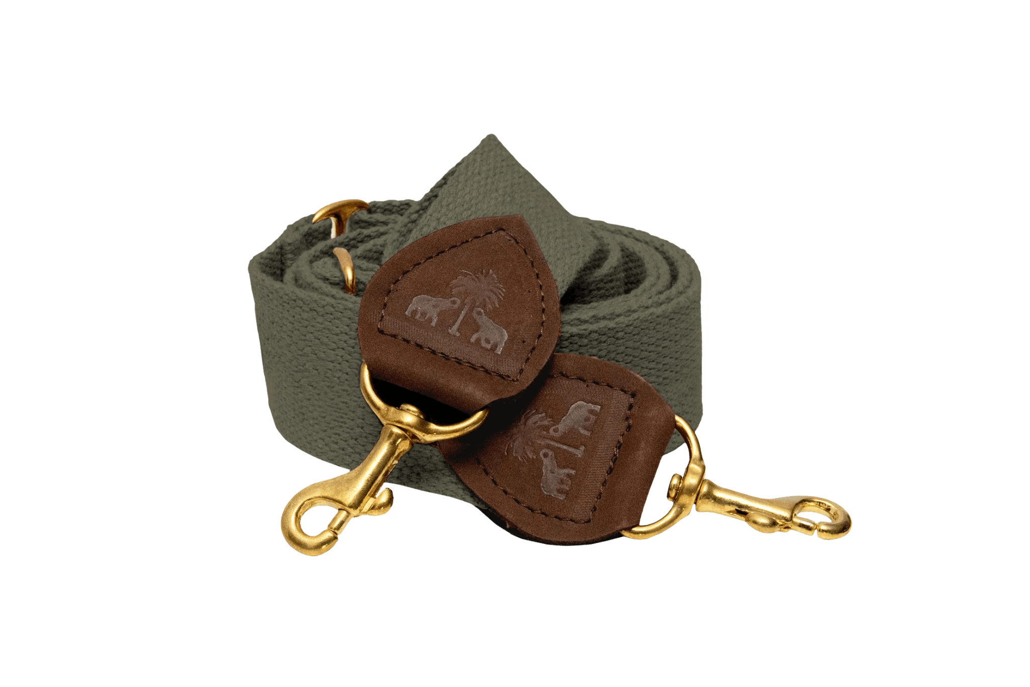 Schulterriemen für Greta's Hundetasche in Khaki mit Lederdetails und goldenen Karabinern.
