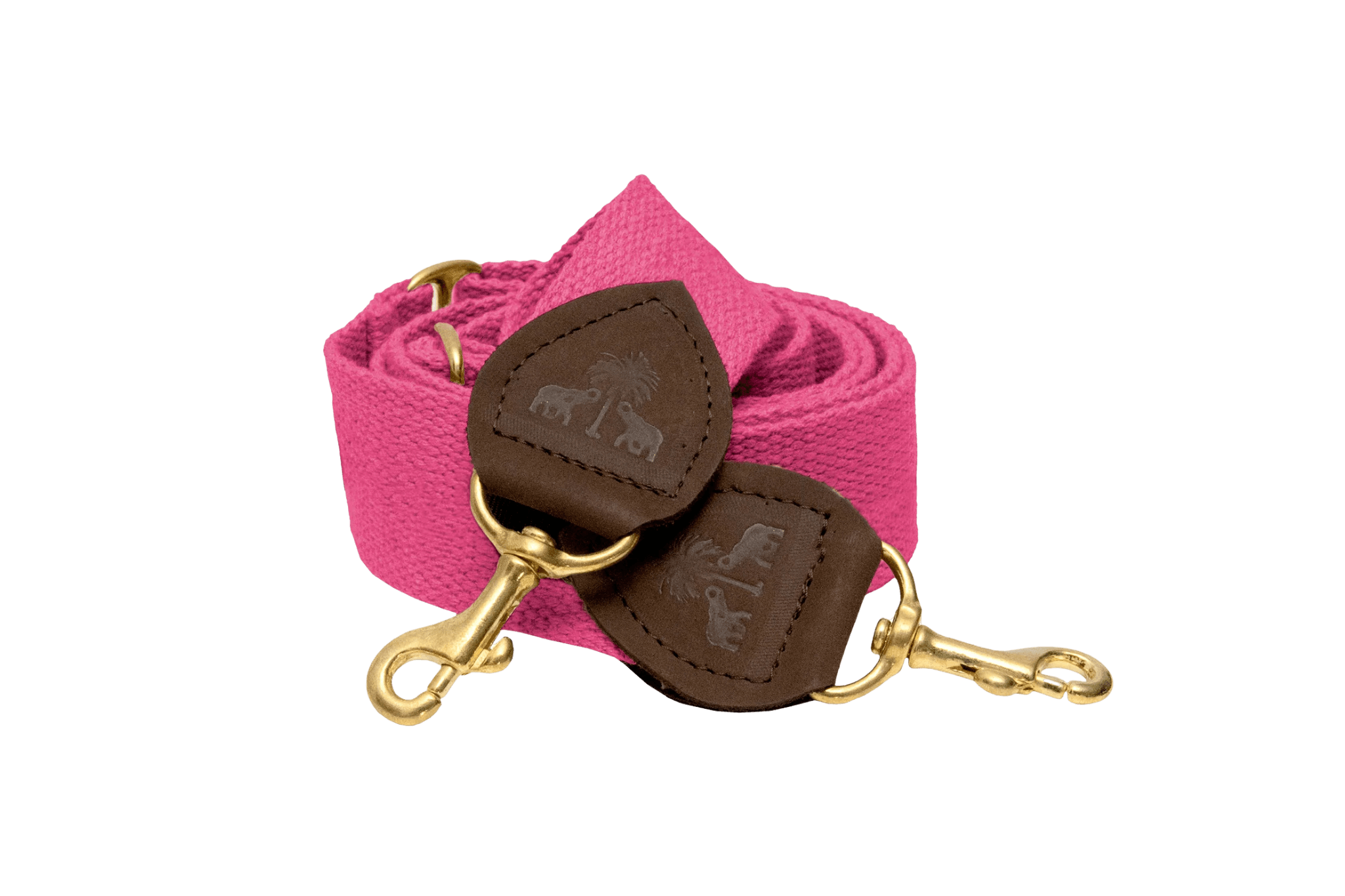 Schulterriemen für Greta's Hundetasche in Pink mit Lederdetails und goldenen Karabinern.
