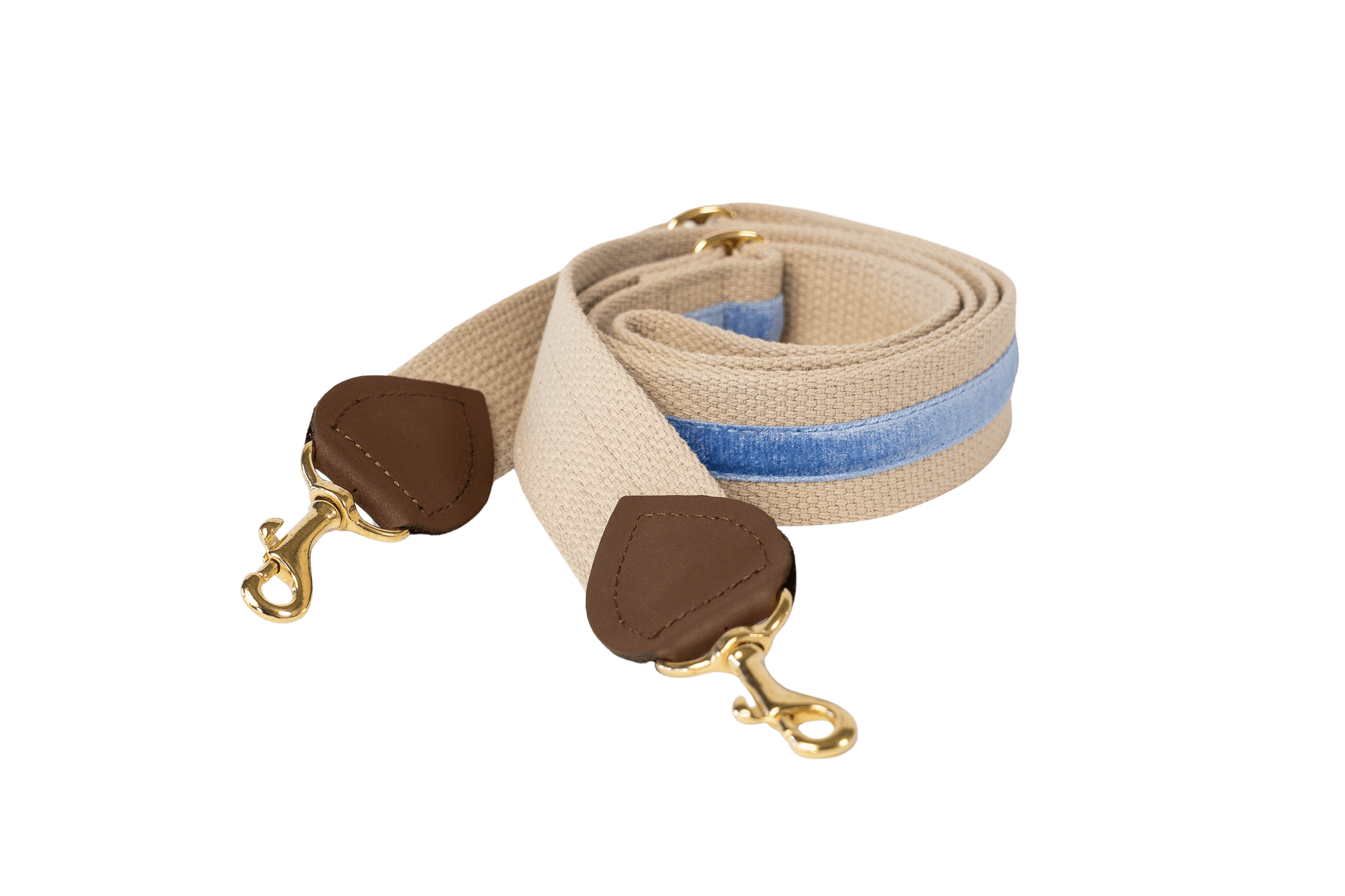Schulterriemen in Beige mit blauem Samtstreifen für Greta's Hundetasche, mit Lederdetails und goldenen Karabinern.