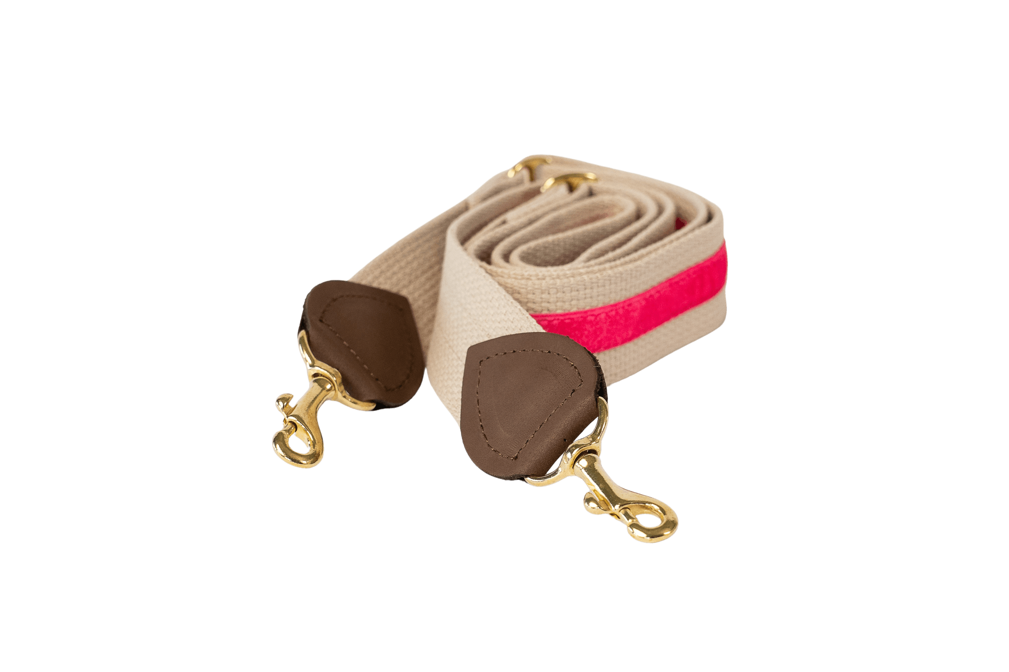 Schulterriemen in Beige mit pinkem Samtstreifen für Greta's Hundetasche, mit Lederdetails und goldenen Karabinern.