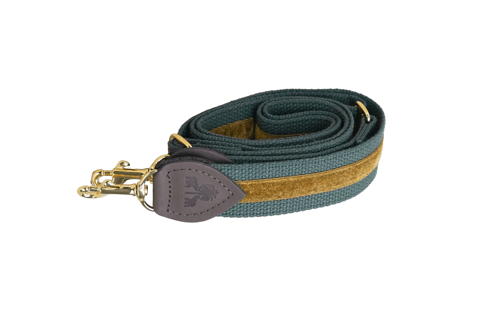 Schulterriemen in Khaki mit goldenem Samtstreifen für Greta's Hundetasche, mit Lederdetails und goldenen Karabinern.