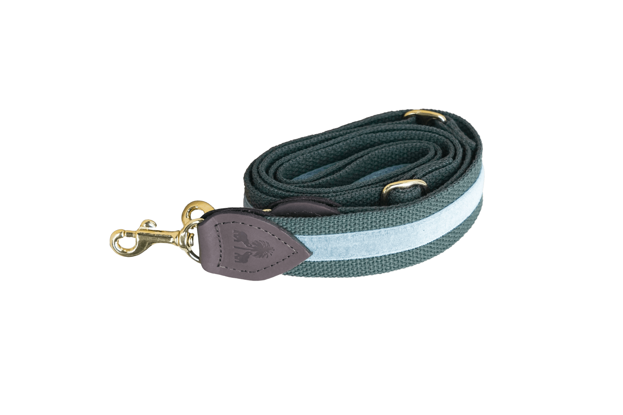 Schulterriemen in Khaki mit grauem Samtstreifen für Greta's Hundetasche, mit Lederdetails und goldenen Karabinern.