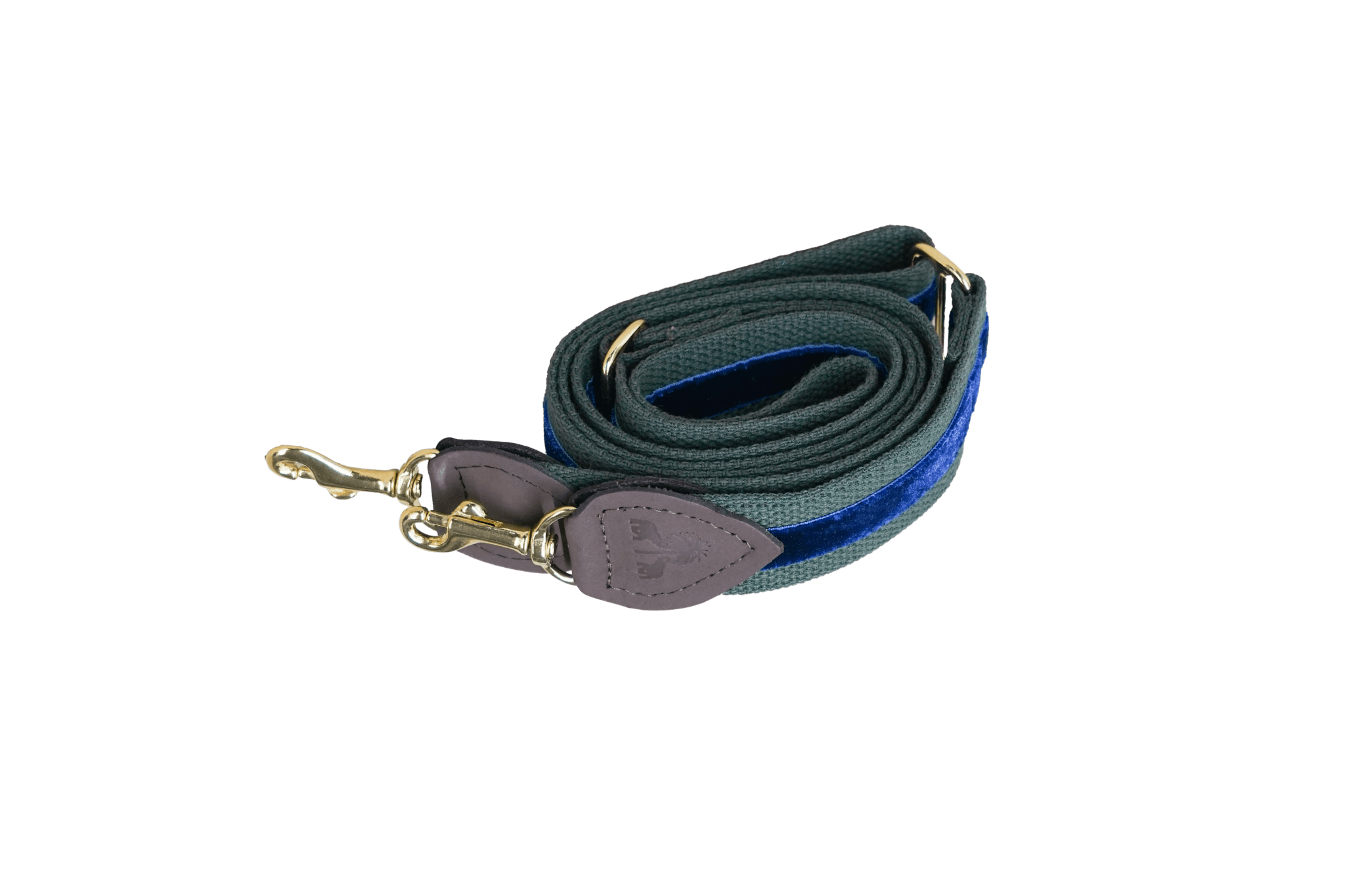 Schulterriemen in Khaki mit königsblauem Samtstreifen für Greta's Hundetasche, mit Lederdetails und goldenen Karabinern.