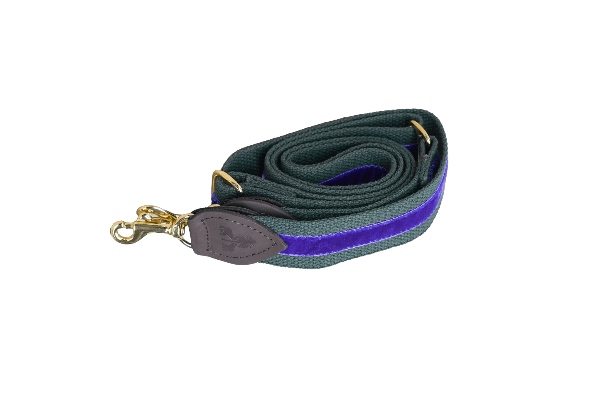 Schulterriemen in Khaki mit lilafarbenem Samtstreifen für Greta's Hundetasche, mit Lederdetails und goldenen Karabinern.