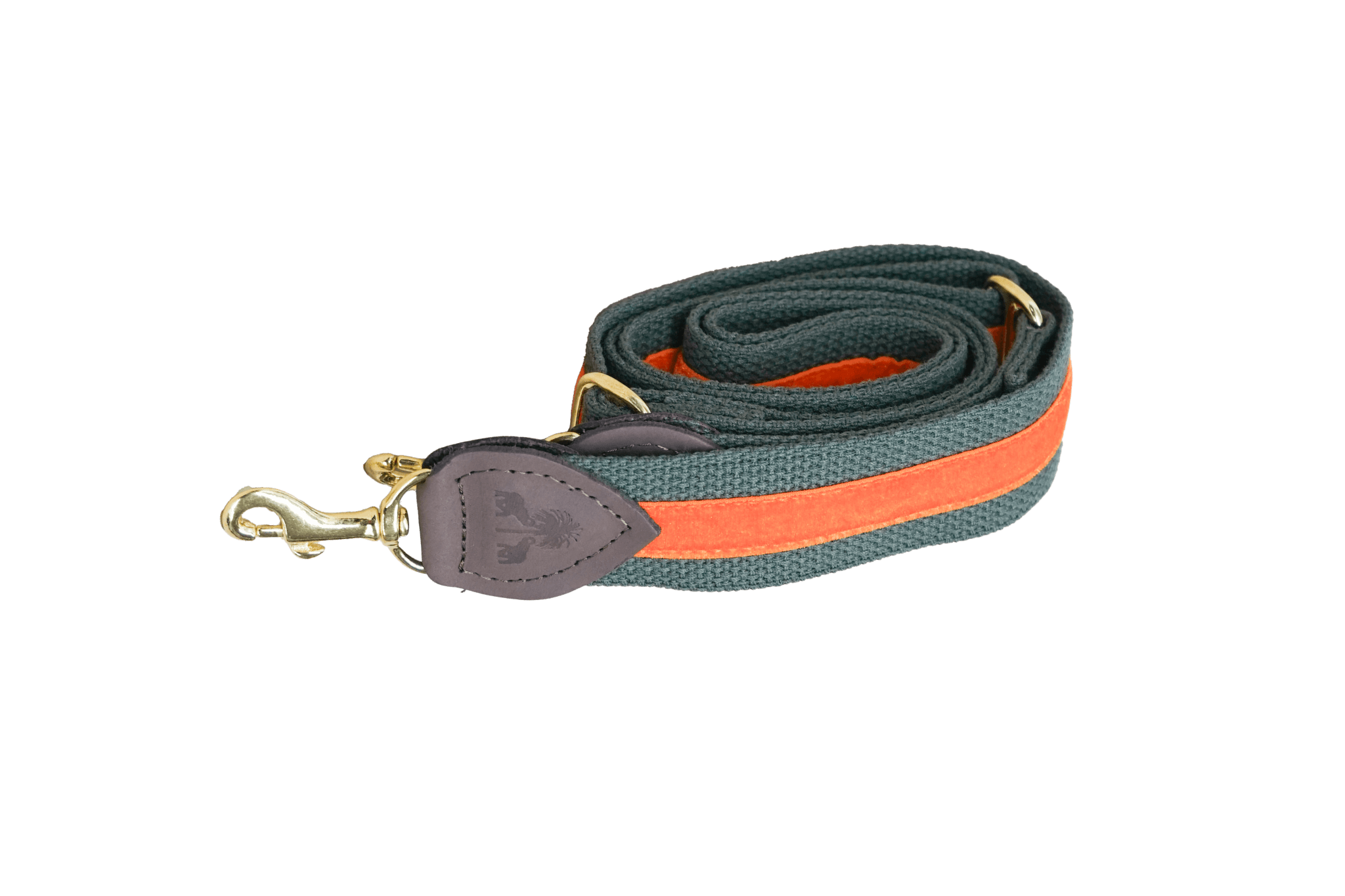 Schulterriemen in Khaki mit orangefarbenem Samtstreifen für Greta's Hundetasche, mit Lederdetails und goldenen Karabinern.