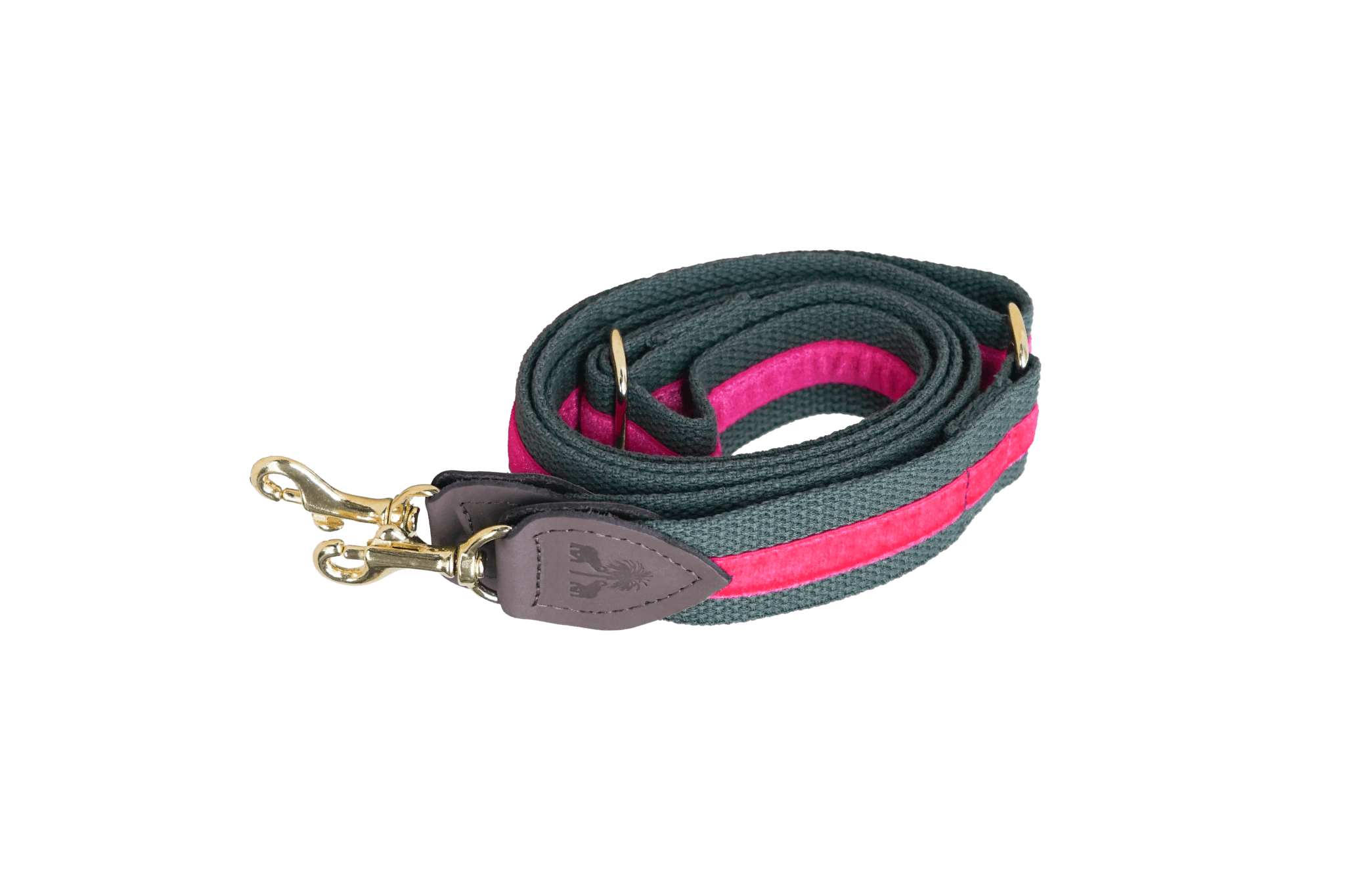 Schulterriemen in Khaki mit pinkem Samtstreifen für Greta's Hundetasche, mit Lederdetails und goldenen Karabinern.
