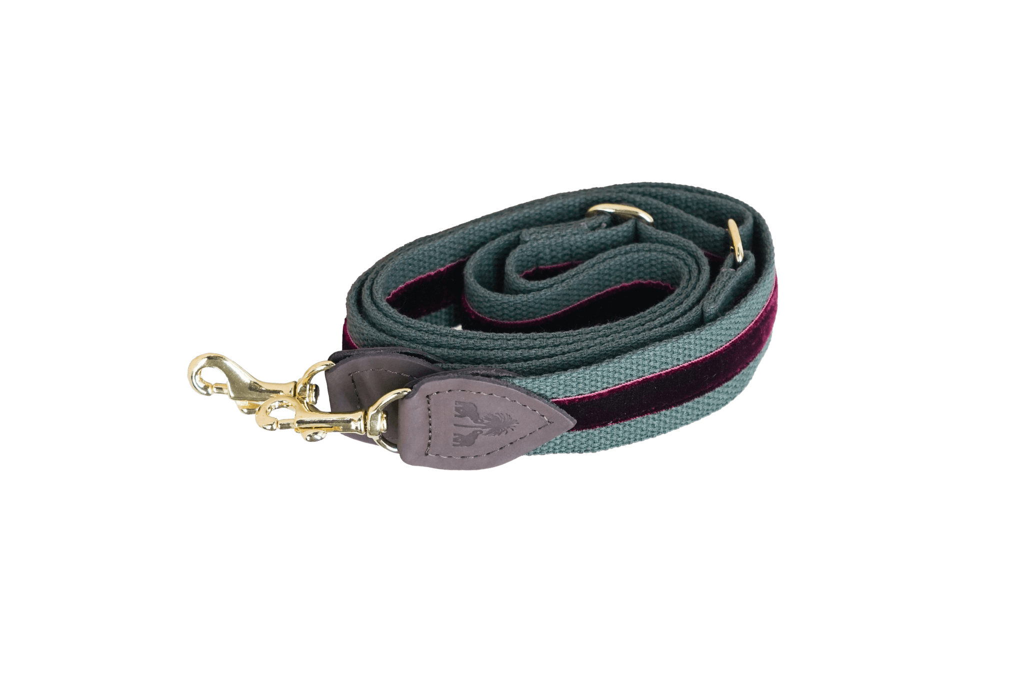 Schulterriemen in Khaki mit very berryfarbenem Samtstreifen für Greta's Hundetasche, mit Lederdetails und goldenen Karabinern.
