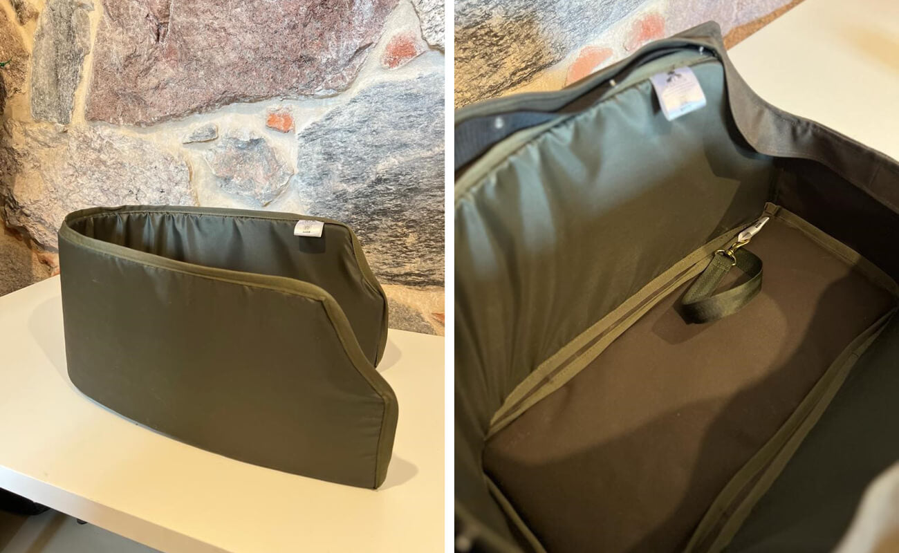 Bildcollage, die die Seitenstabilisierung für die Hundetasche einzeln und im eingebauten Zustand zeigt.
