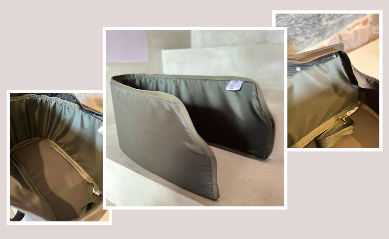 Bildcollage des Stabilisierungs-Sets für Greta's Hundetaschen, zeigt Seiten- und Bodenstabilisierungen sowie deren Einbau in die Tasche