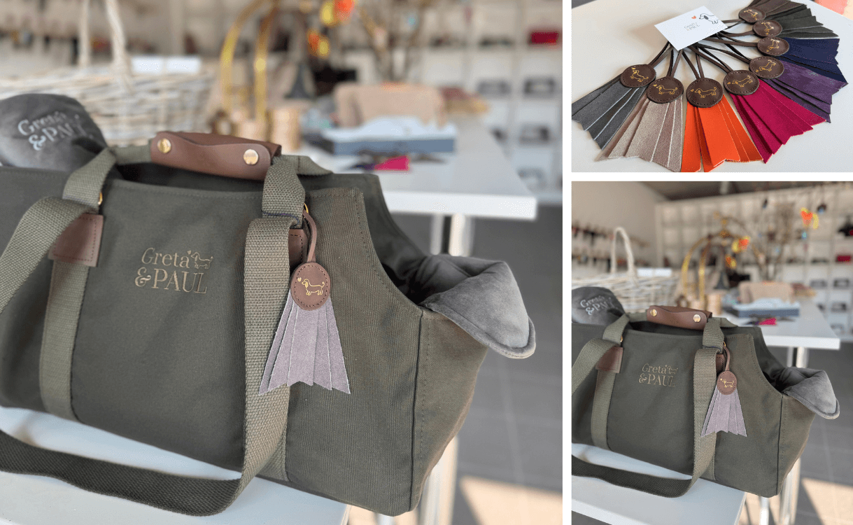 Bildcollage des Greta & PAUL Taschenanhängers 'Gretchen' in Anthrazit mit Gold-Prägung und der kompletten Farbpalette.
