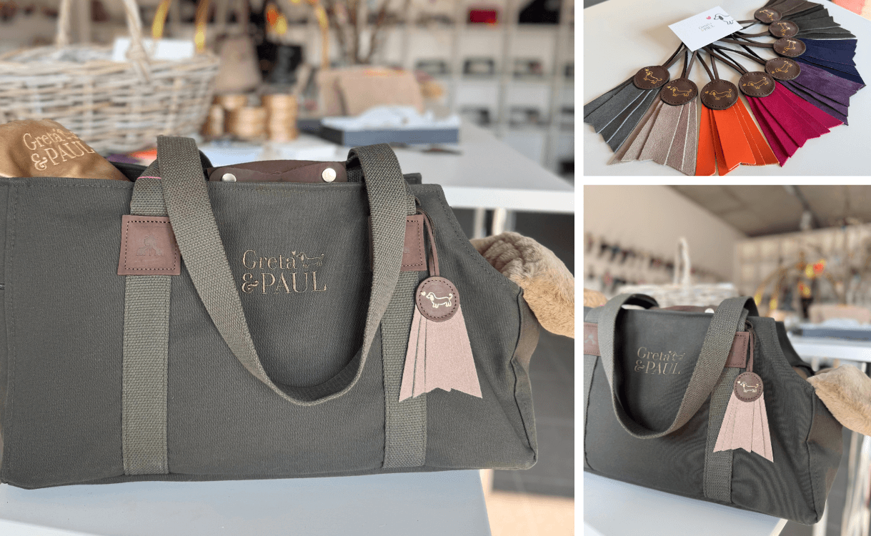 Bildcollage des Greta & PAUL Taschenanhängers 'Gretchen' in Cappuccino mit Gold-Prägung und der kompletten Farbpalette.
