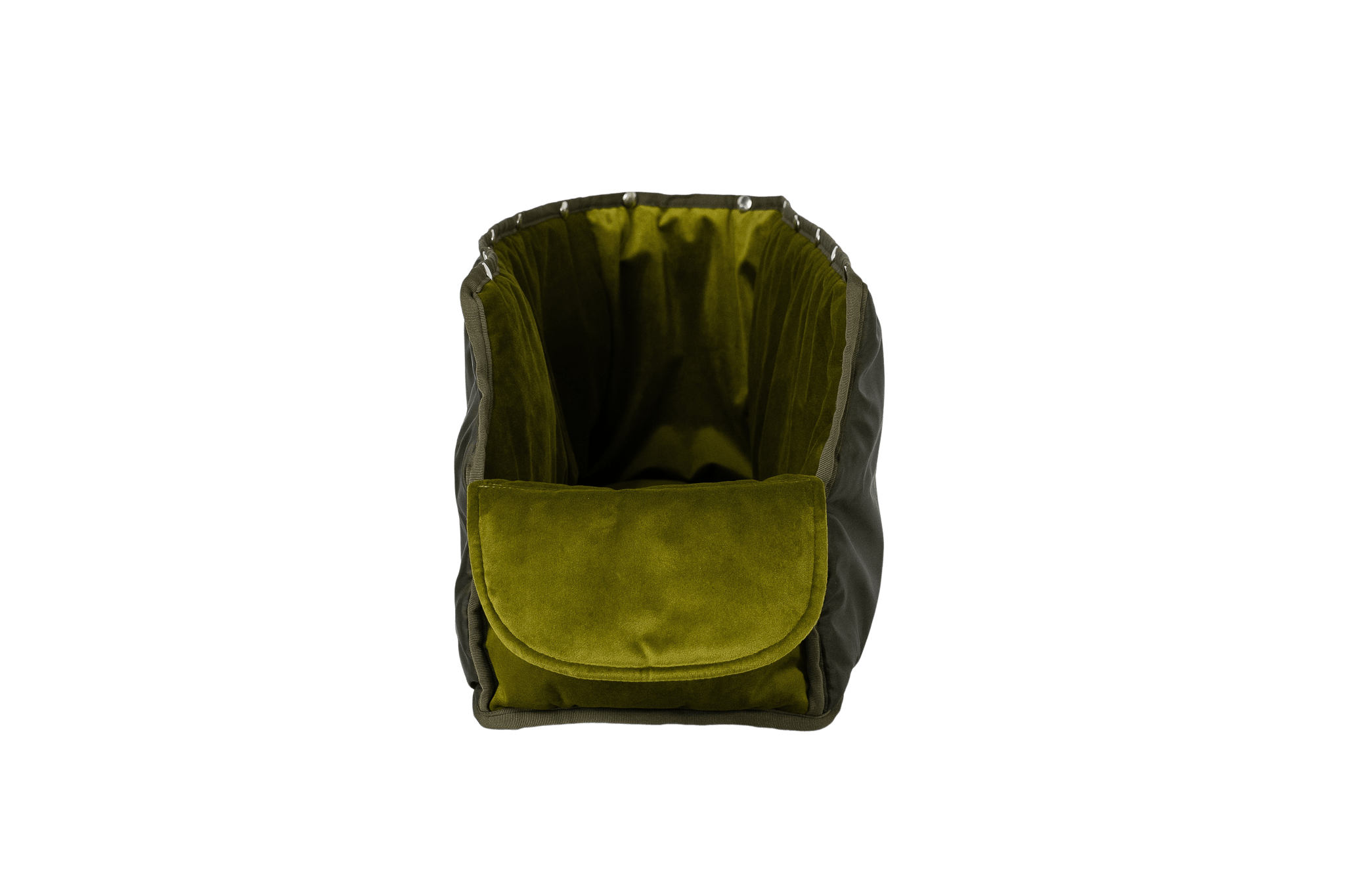 XL-Samt-Inlay für Greta's Hundetasche in Olivgrün, handgefertigt, ausknöpfbar, waschbar und pflegeleicht – Frontansicht
