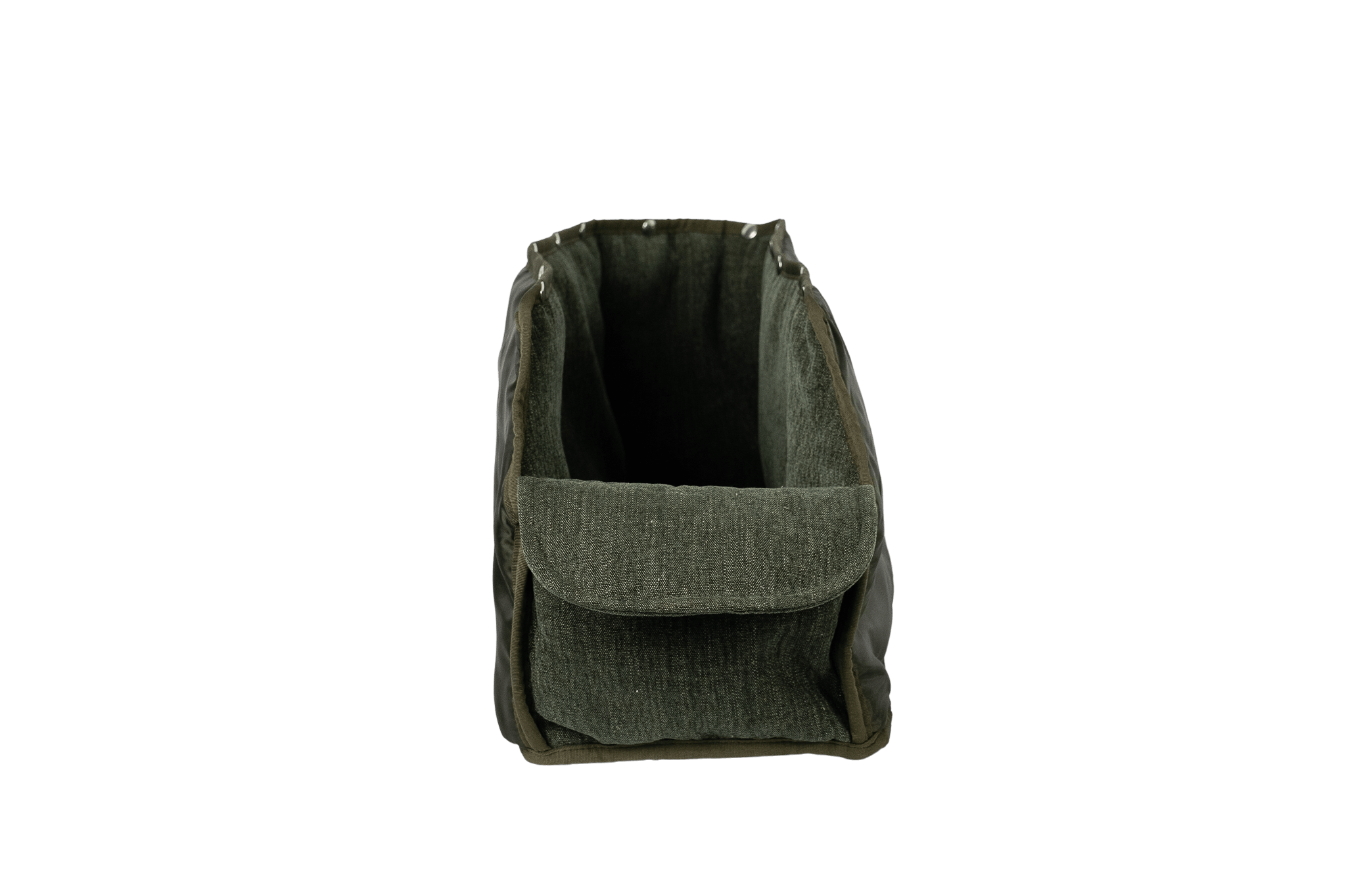 XL-Leinen-Inlay für Greta's Hundetasche in Olivgrün, handgefertigt, weich und sommerlich leicht, ausknöpfbar, waschbar und pflegeleicht – Frontansicht