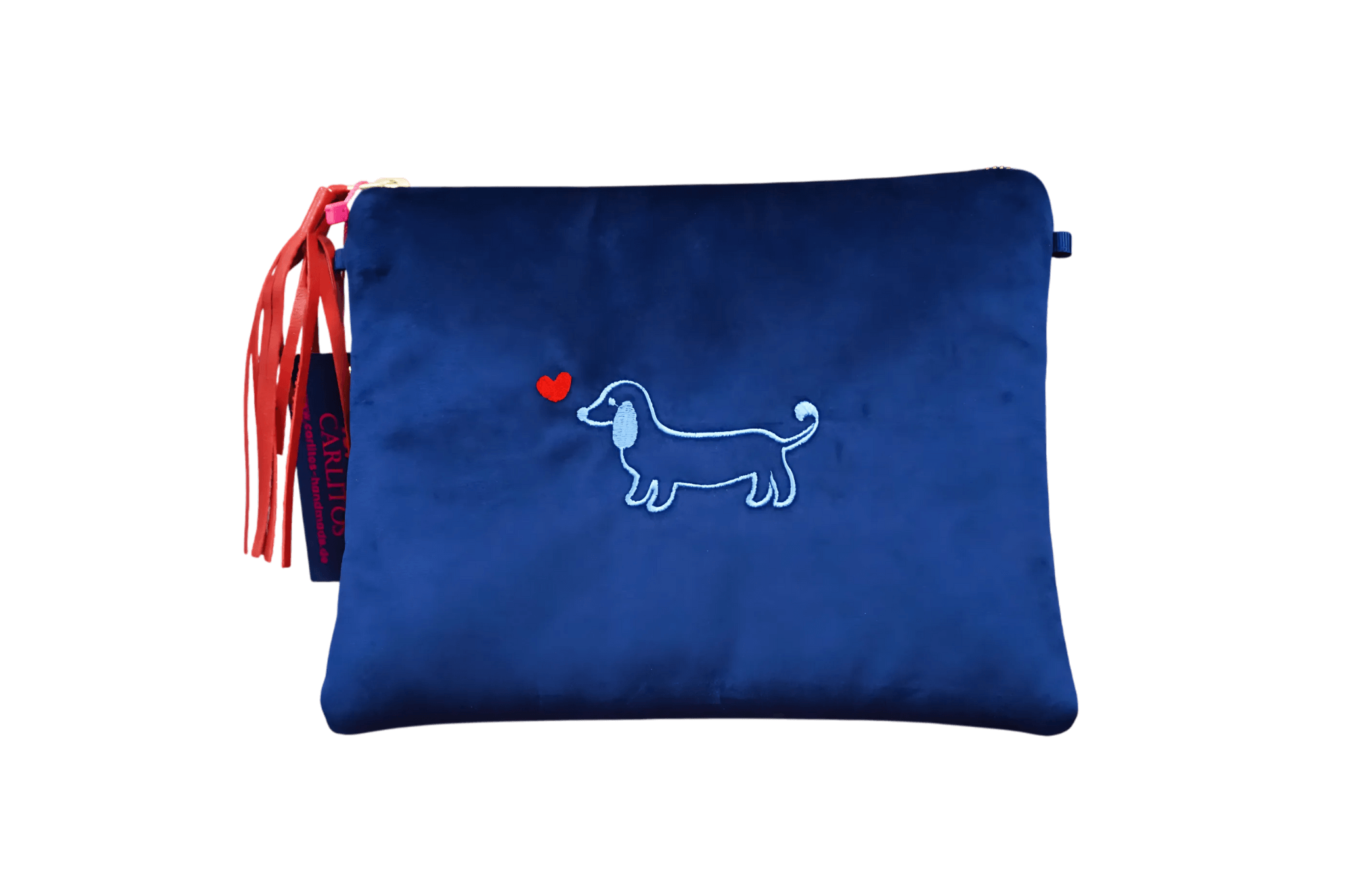 Greta & PAUL Samt-Clutch 'Stella' in Dunkelblau mit Dackel-Stickerei und Ledertassel.
