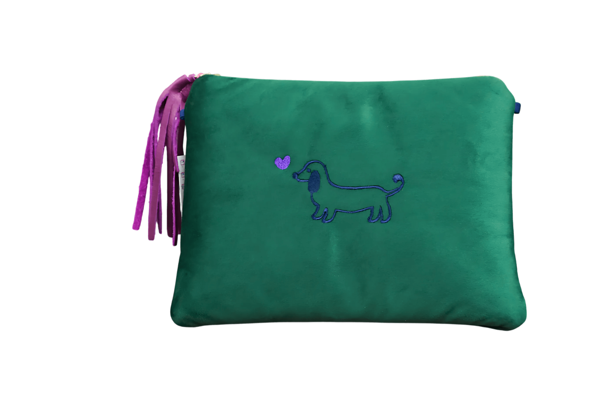 Greta & PAUL Samt-Clutch 'Stella' in Dunkelgrün mit Dackel-Stickerei und Ledertassel.
