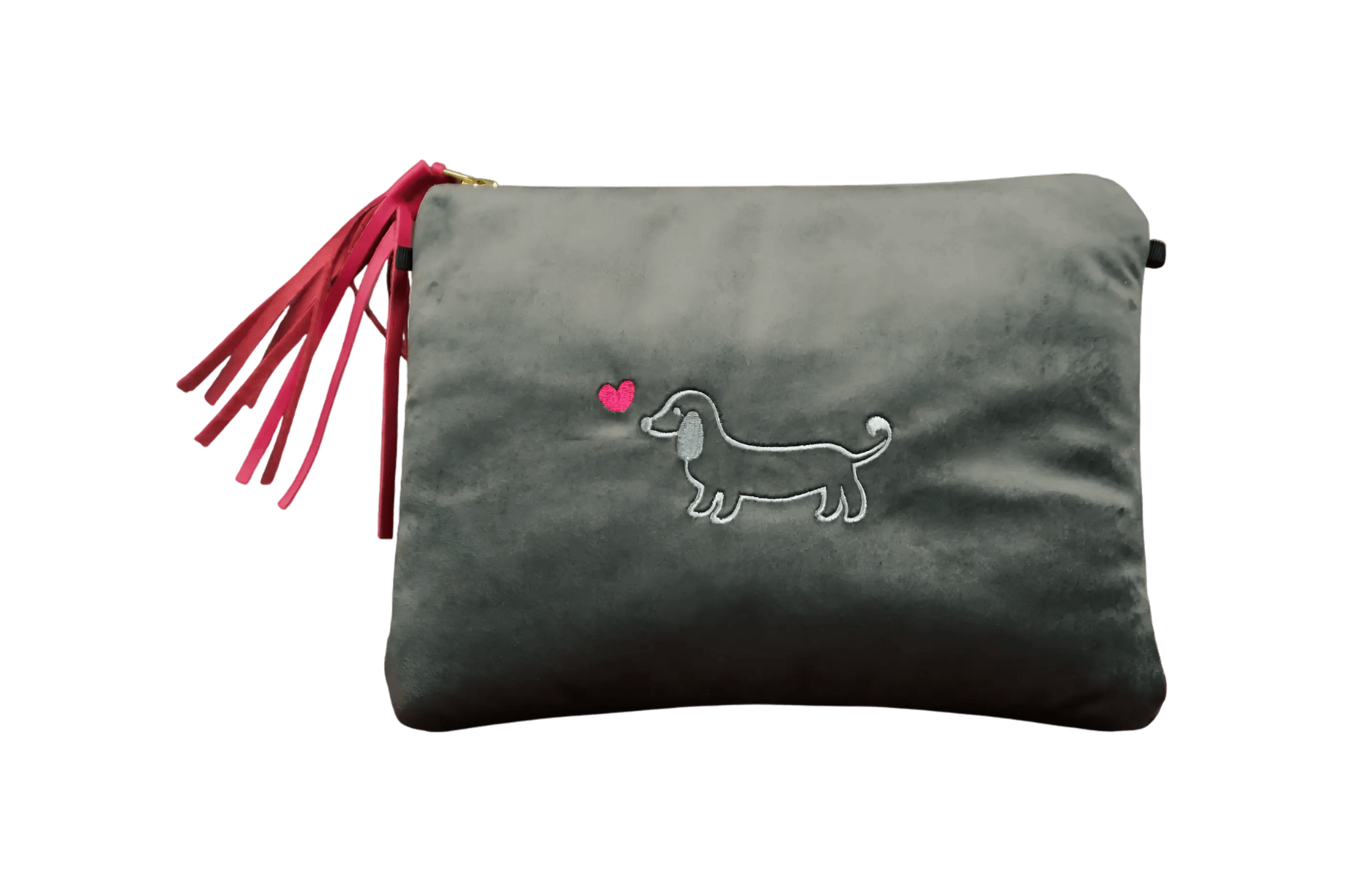 Greta & PAUL Samt-Clutch 'Stella' in Grau mit Dackel-Stickerei und Ledertassel.
