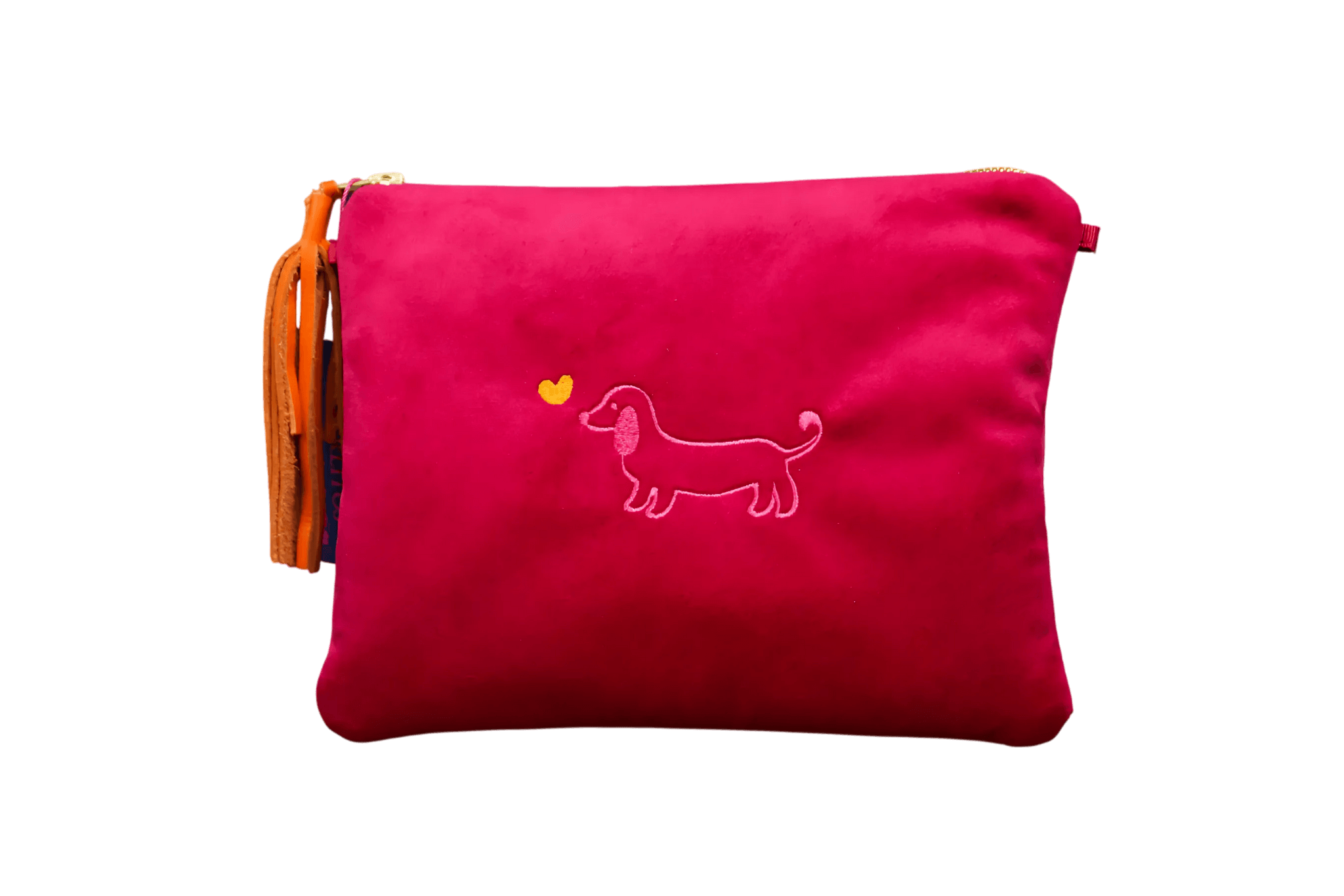 Greta & PAUL Samt-Clutch 'Stella' in Pink mit Dackel-Stickerei und Ledertassel.
