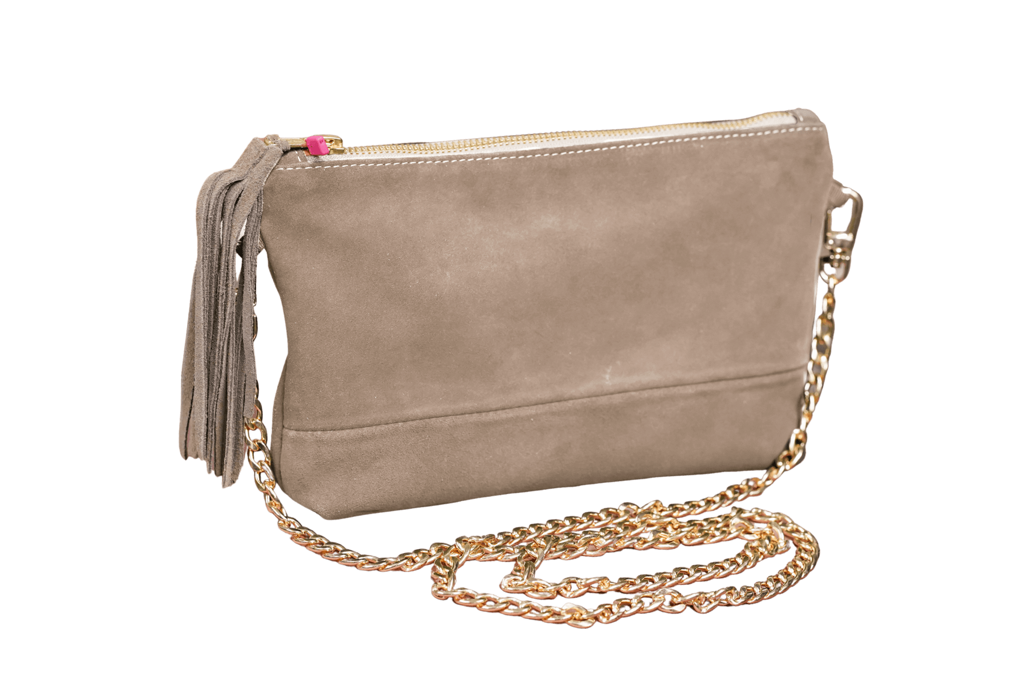 Greta & PAUL Wildleder-Clutch 'Stella Deluxe' in Gold-Beige mit dekorativer Ledertassel und goldfarbener Schulterriemen-Kette.