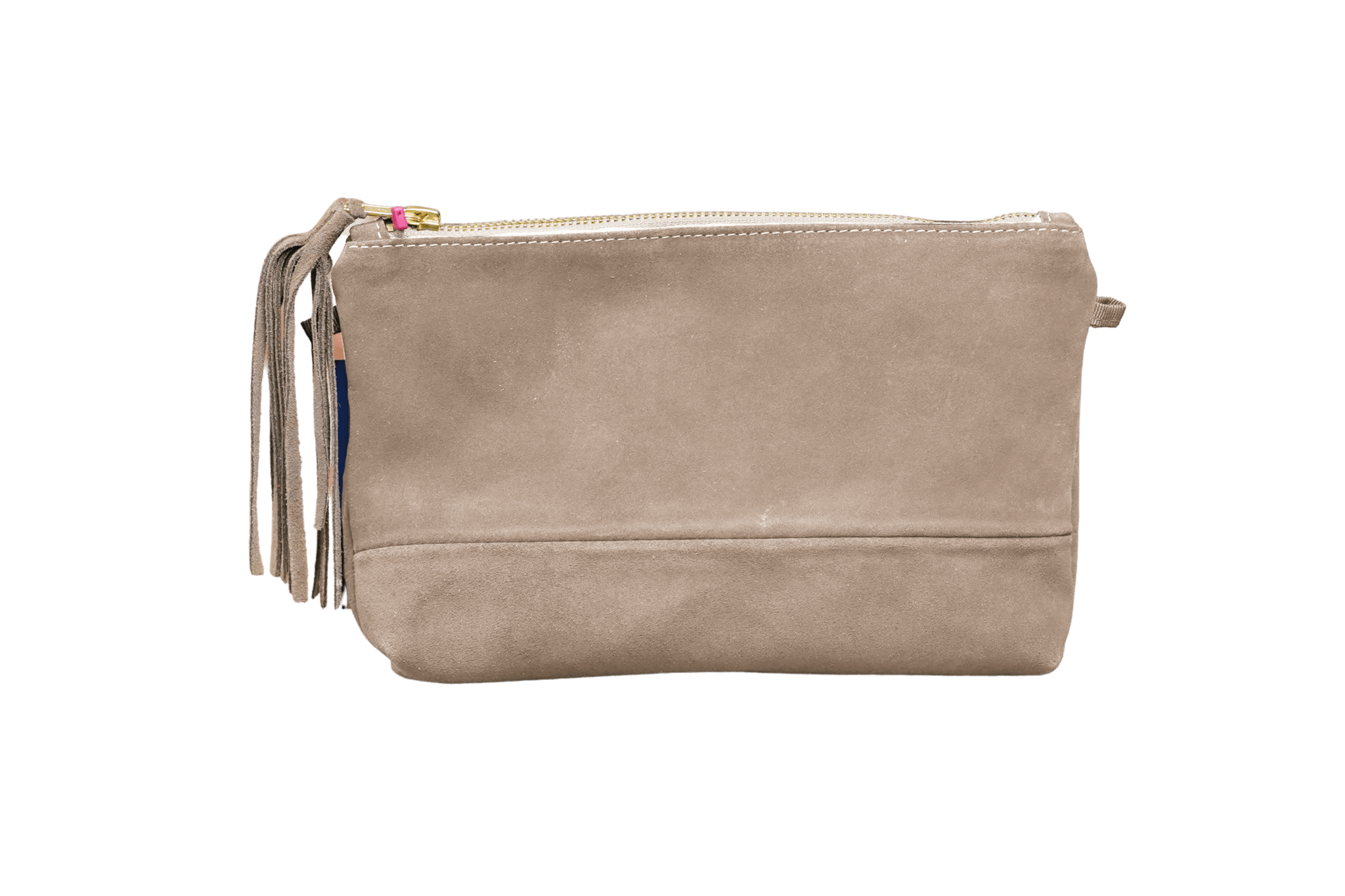 Greta & PAUL Wildleder-Clutch 'Stella Deluxe' in Golg-Beige mit dekorativer Ledertassel am Reißverschluss.
