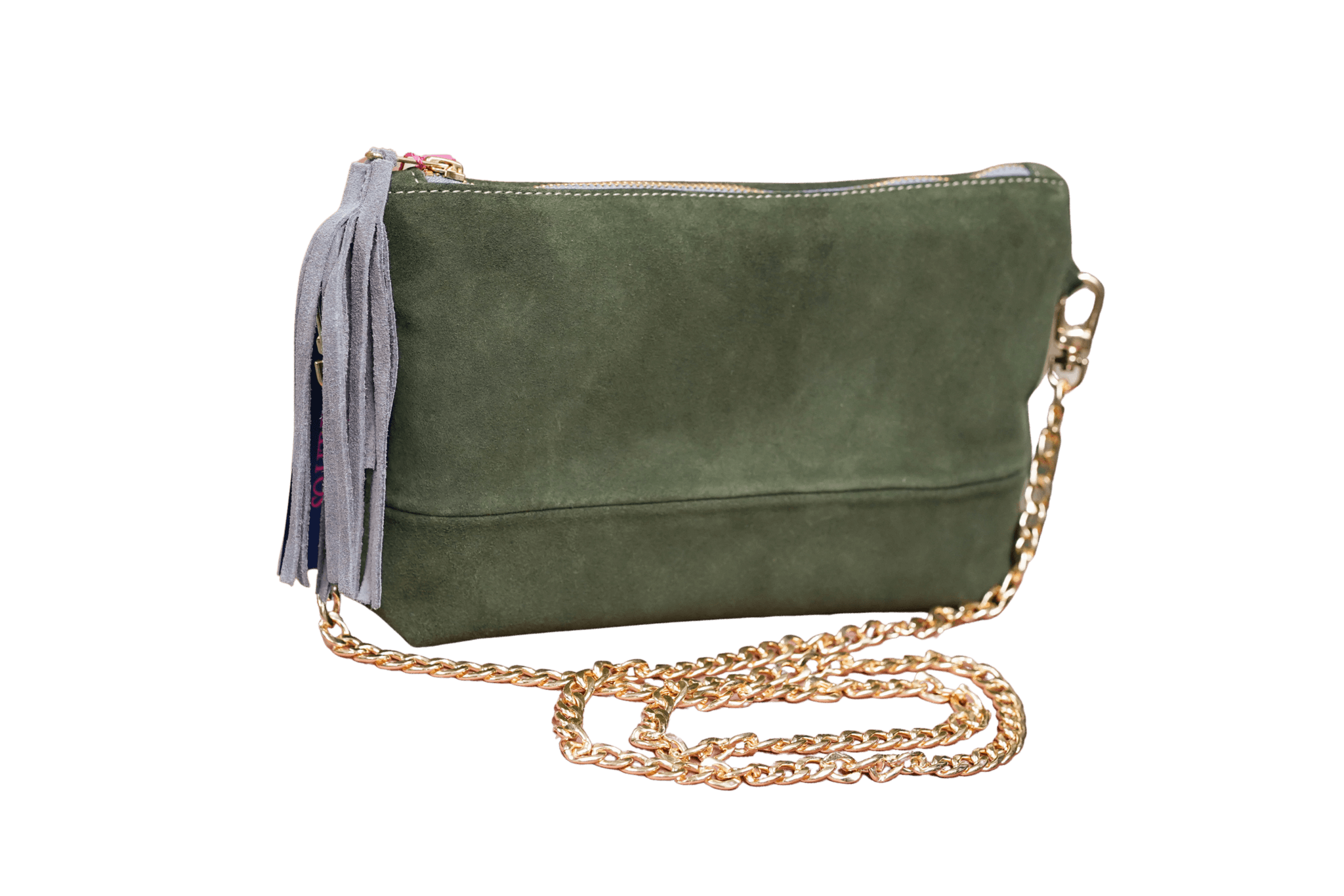 Greta & PAUL Wildleder-Clutch 'Stella Deluxe' in Khaki mit anthrazitfarbenem Innenfutter, Ledertassel und goldfarbener Schulterriemen-Kette
